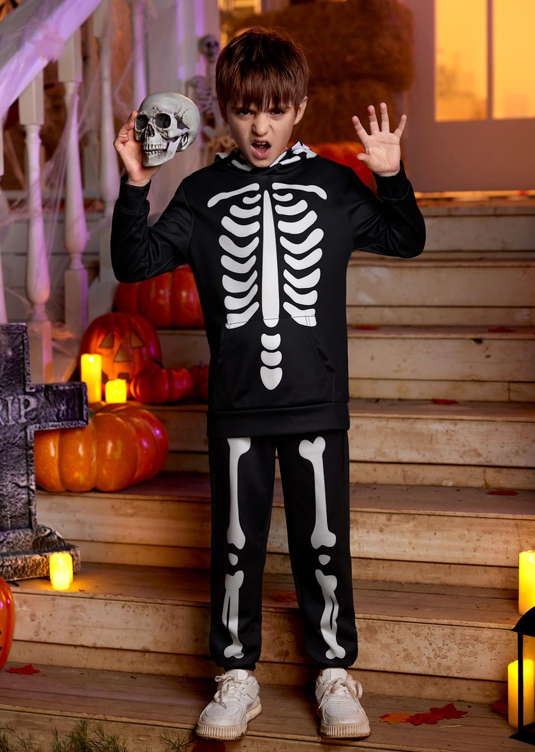 Besserbay Halloween Unisex Kids Skeleton Skull Printed Sweatshirt Set Black Hooded Outfit With Kangaroo Pocket 4 Years