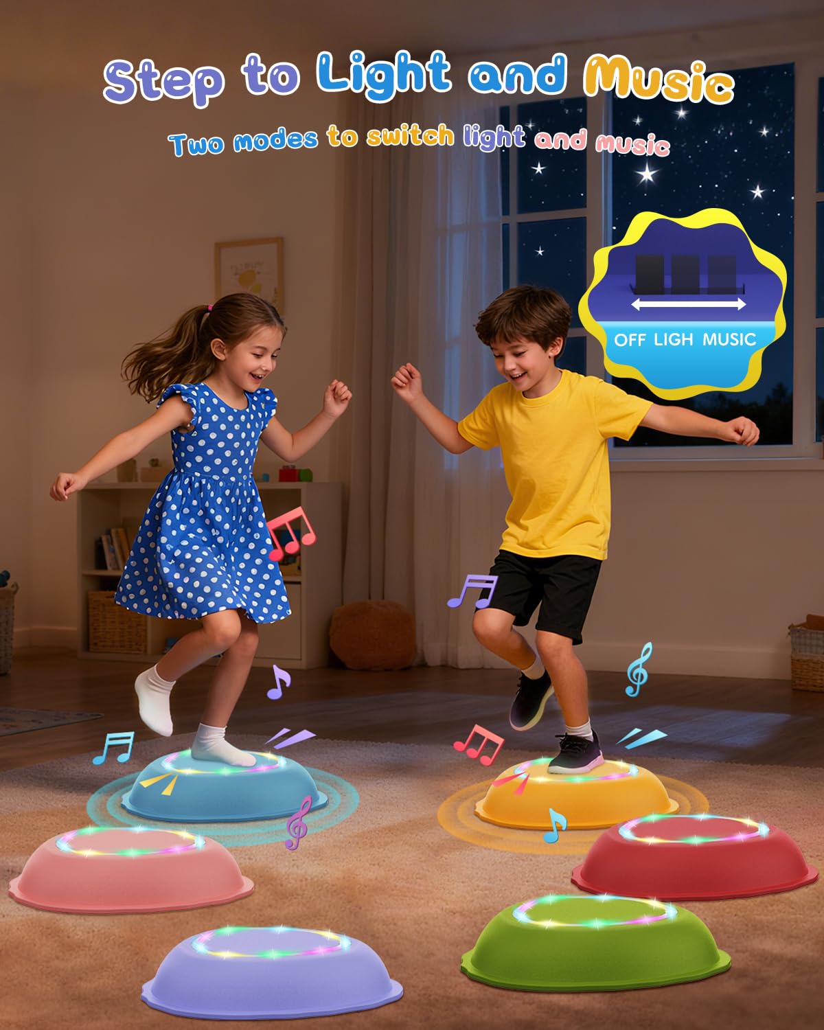 XIUREI Rechargeable Stepping Stones - 6pcs Non-Slip Toddler Toys with Light & Music, Morandi Colors for Kids 3-5 Years Old