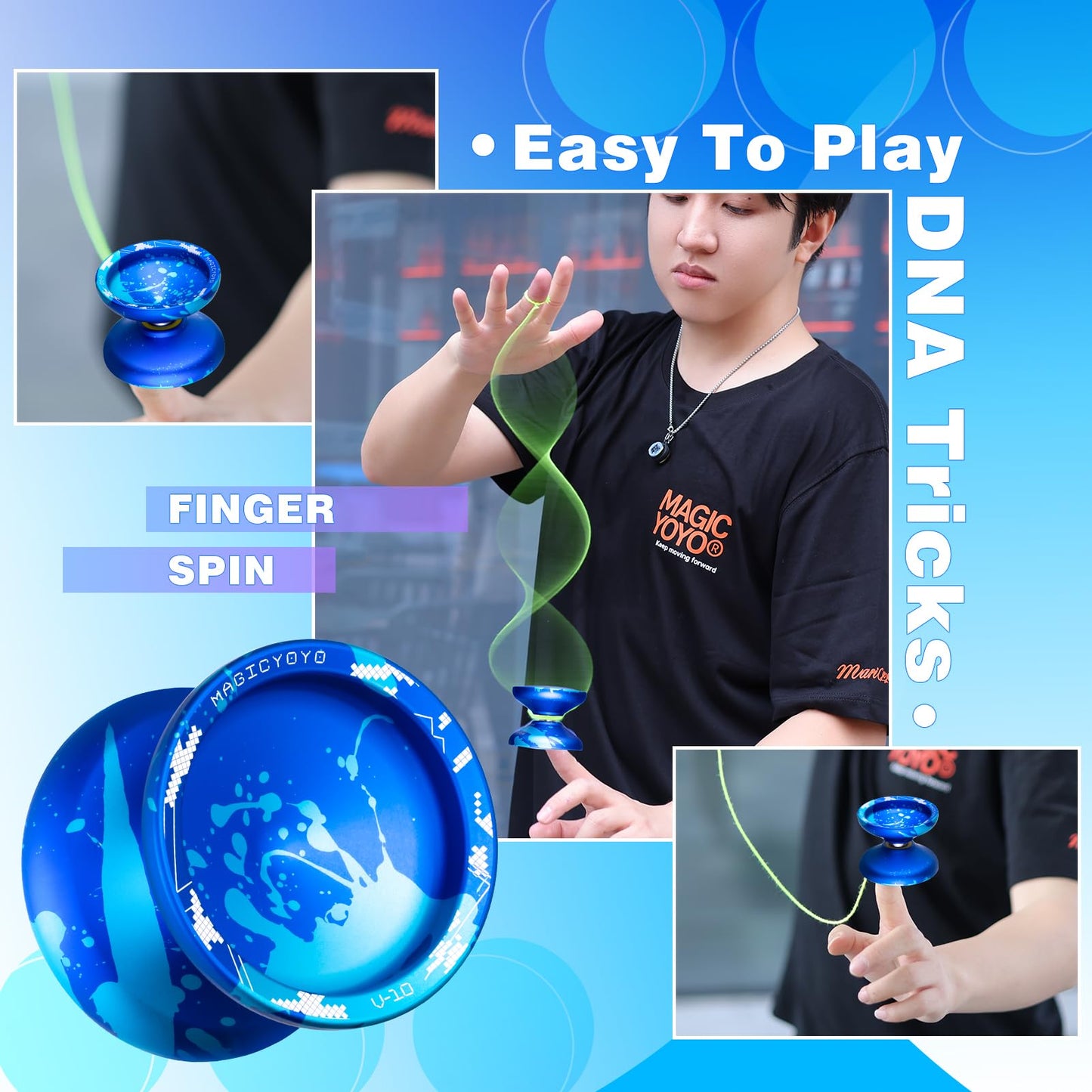 Magicyoyo V10 Professional Finger Spin Yoyo With 12 Strings, Case, Glove (Royal Blue Sky Blue)