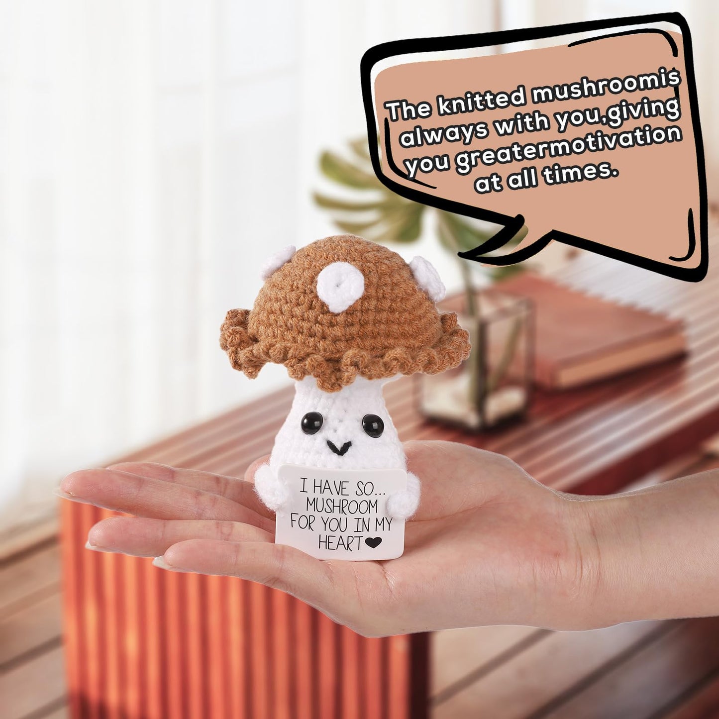 Funny Positive Mushroom, 3.94In Creative Cute Plush Knitted Wool Mushroom Doll With Inspirational Card Mushroom Crochet Encouragement Gift For Kids Teens Birthday Party Decoration