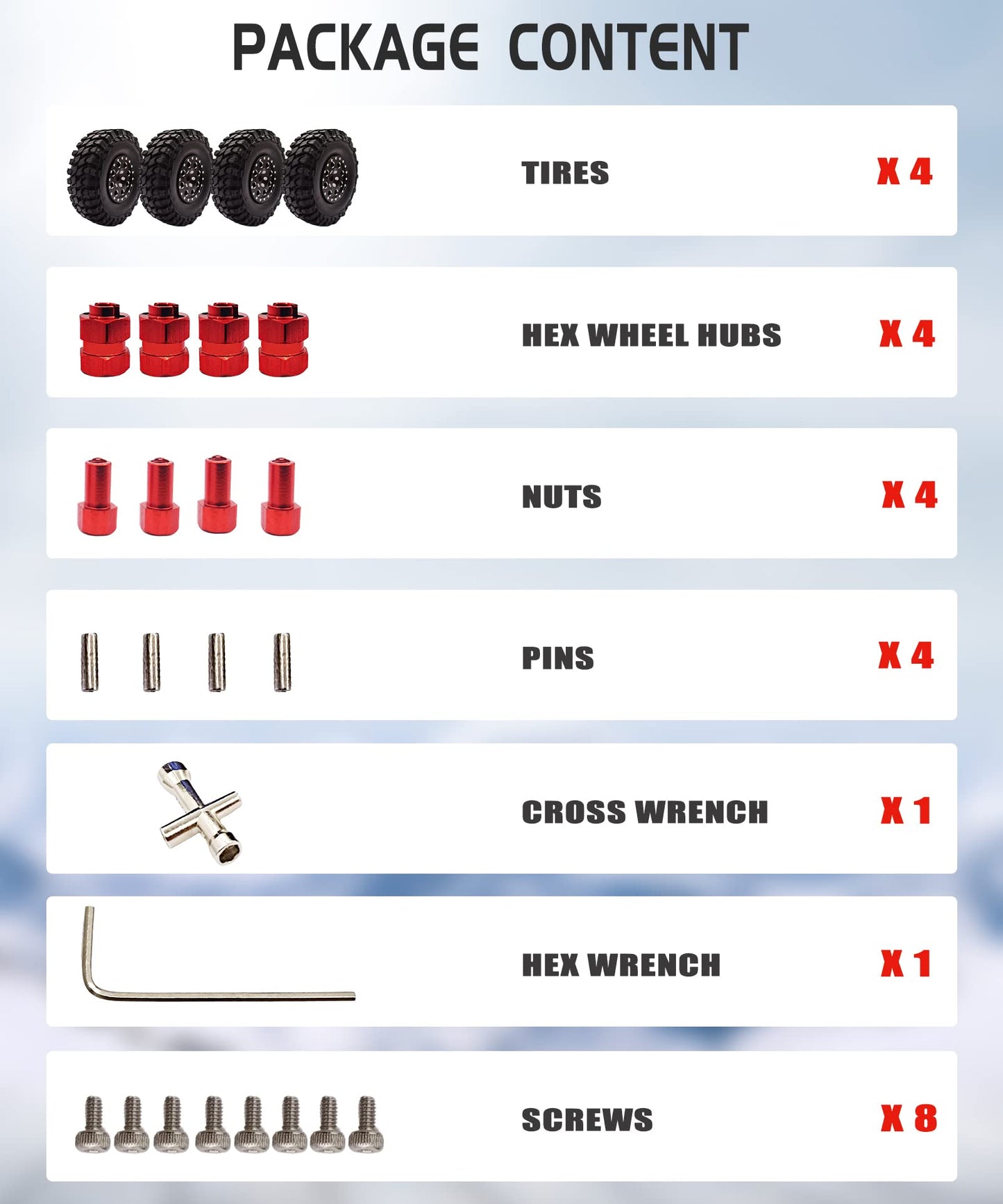 HOPLEX Beadlock Wheels and Tires 4Pcs Metal Micro Crawler Tires with Red 7mm RC Wheel Hex Hub Spacer for Axial SCX24 90081 1/24