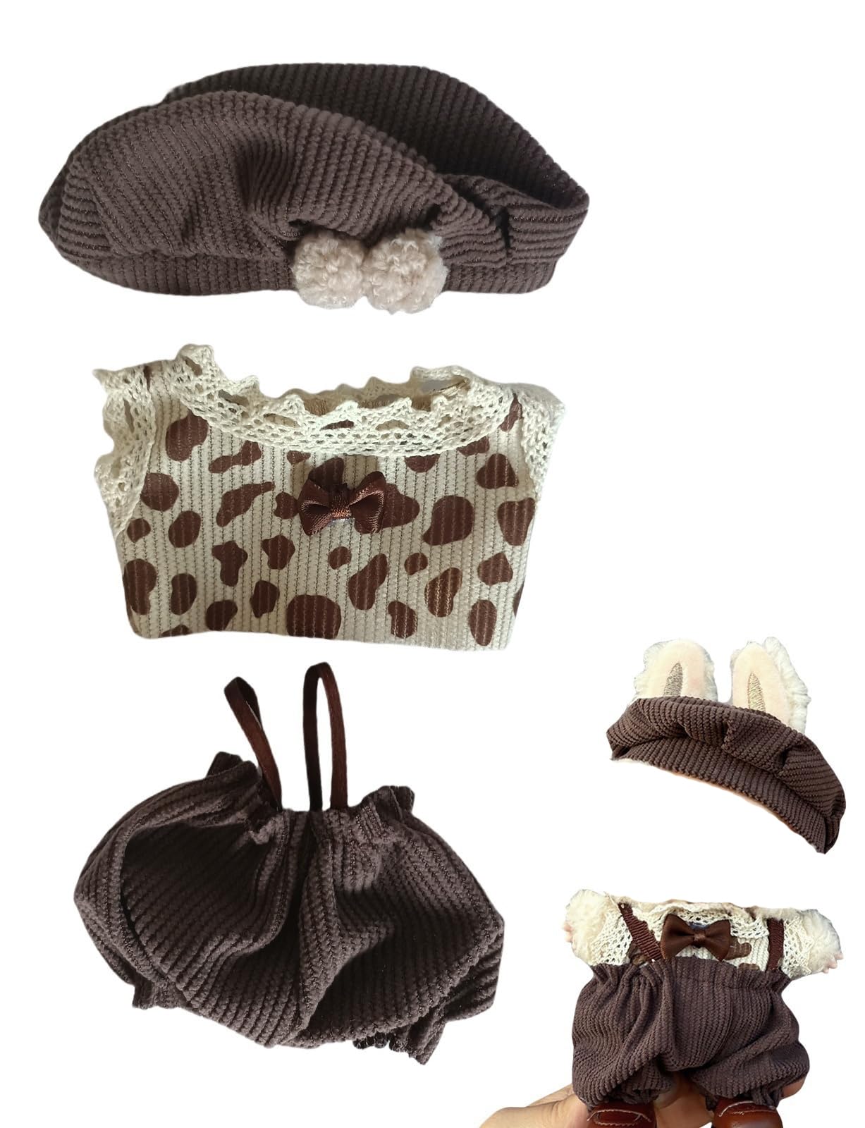 Doll Outfit Clothes Set for 17cm Dolls  enhanced Fashion Hat Overalls Sweater Bag Dress Jumpsuit for Dolls Accessories (NO Doll) (Brown Set)