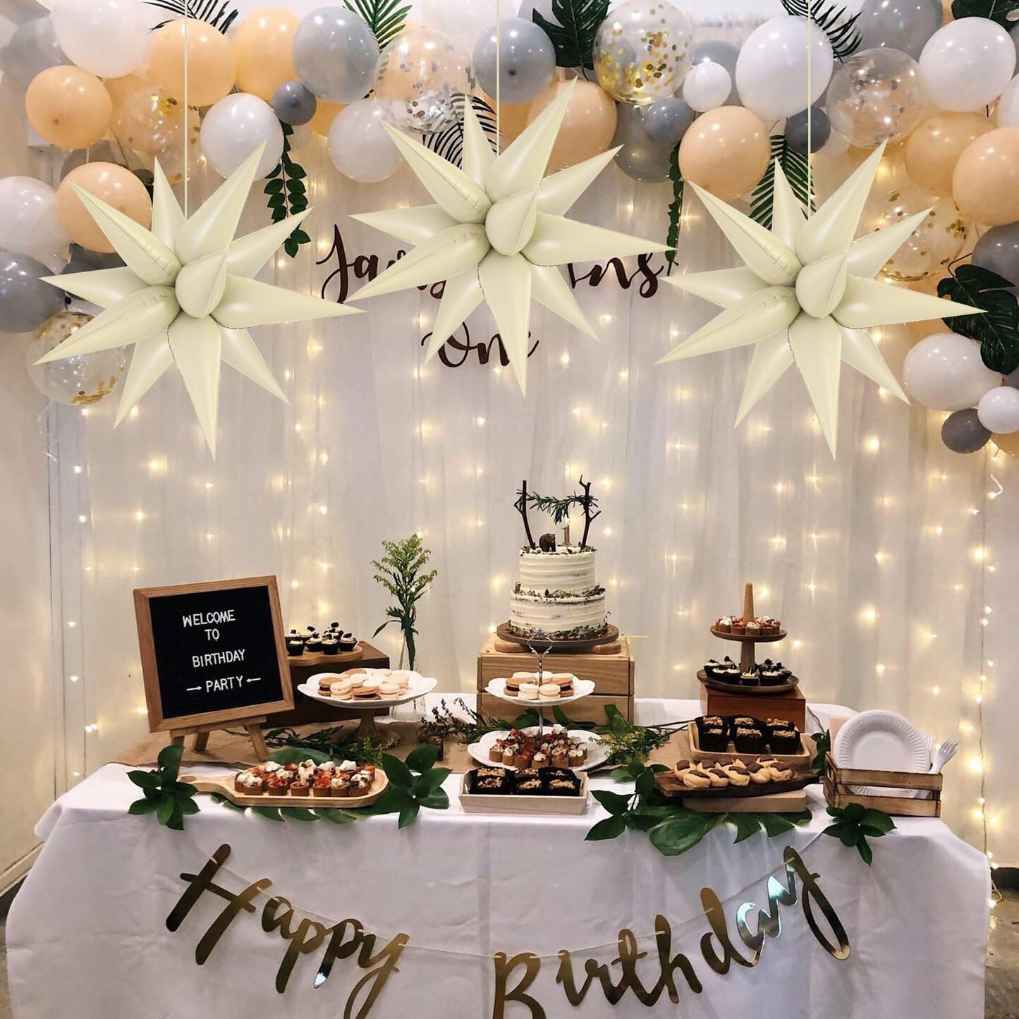 60 Pcs Cream Star Balloons Foil Starburst Balloons Explosion 12 Point Cone Balloons Large For Wedding Anniversary Backdrop Birth