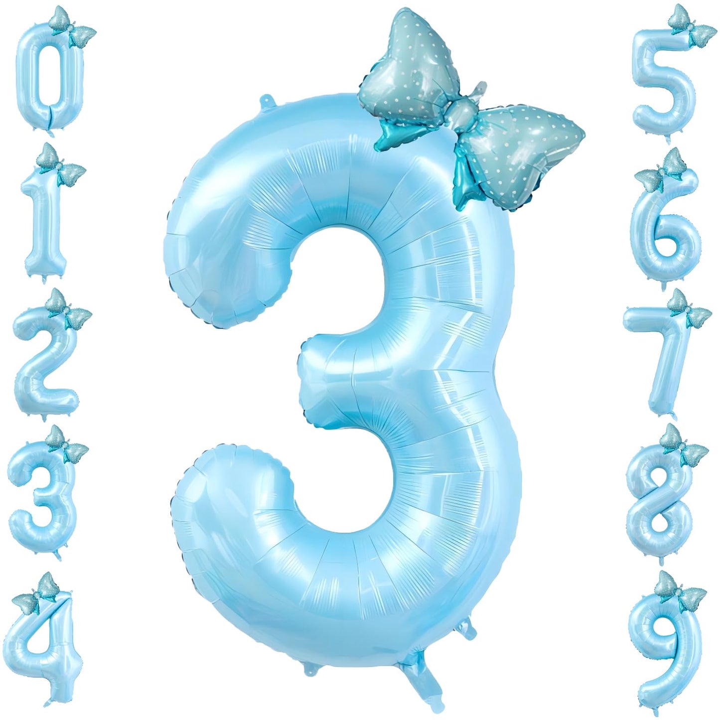 40 Inch Number 3 Balloon With Bow Blue Happy Birthday Jumbo Number Balloon For Boys Girls Birthday Decorations Party Supplies (B