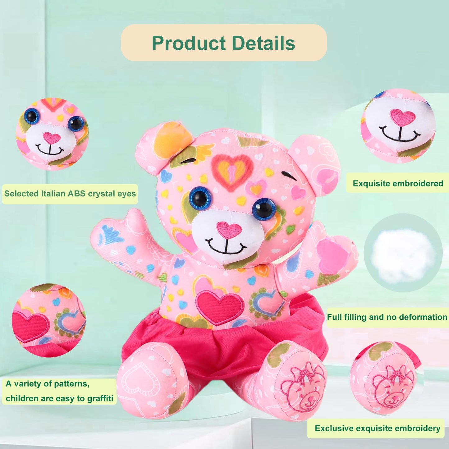 DRAWMYTOY Coloring Plush Toy - Pink Bear, 14.96" Cotton Doll with 5 Washable Markers for Kids Ages 4-6