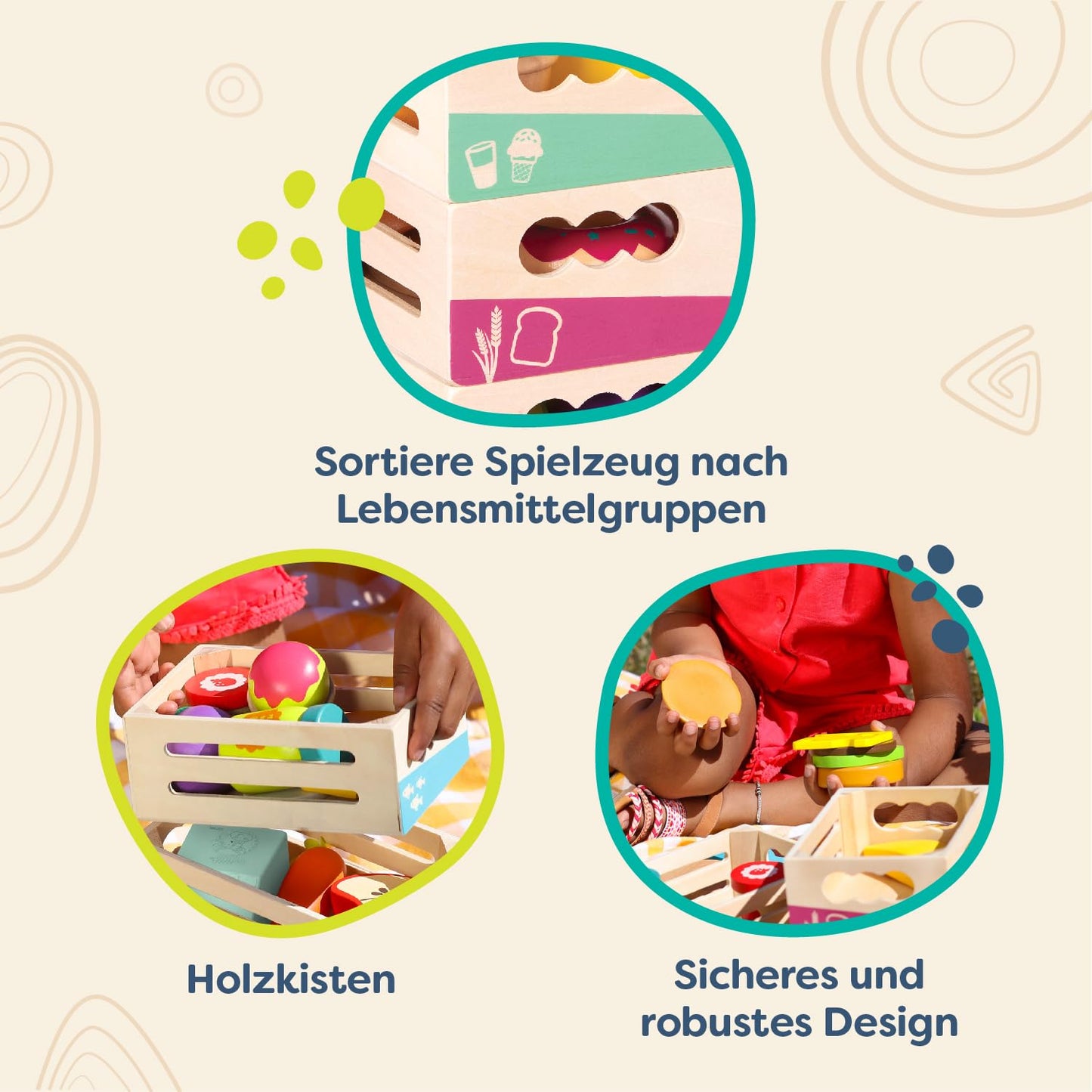 B. toys- Little Foodie Groups- Pretend Play Wooden Play Food - Food Group Crates - 24 Play Kitchen Accessories - Educational Toy