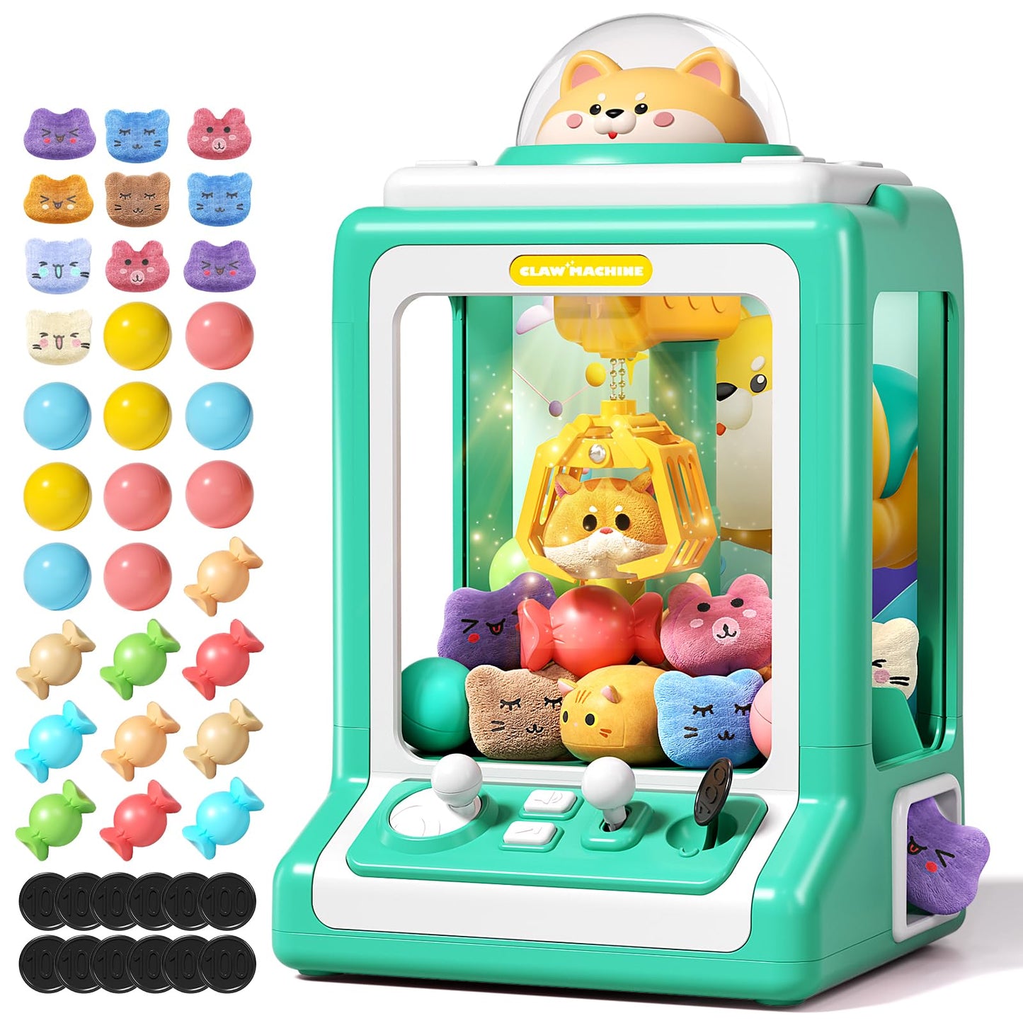 Claw Machine For Kids, Mini Vending Machine With Game Coins & Music, Prize Dispenser Toys For Girls And Boys, Electronic Claw Game Machine For Party Birthdays, Includes 30 Mini Toys (Doggy Green)