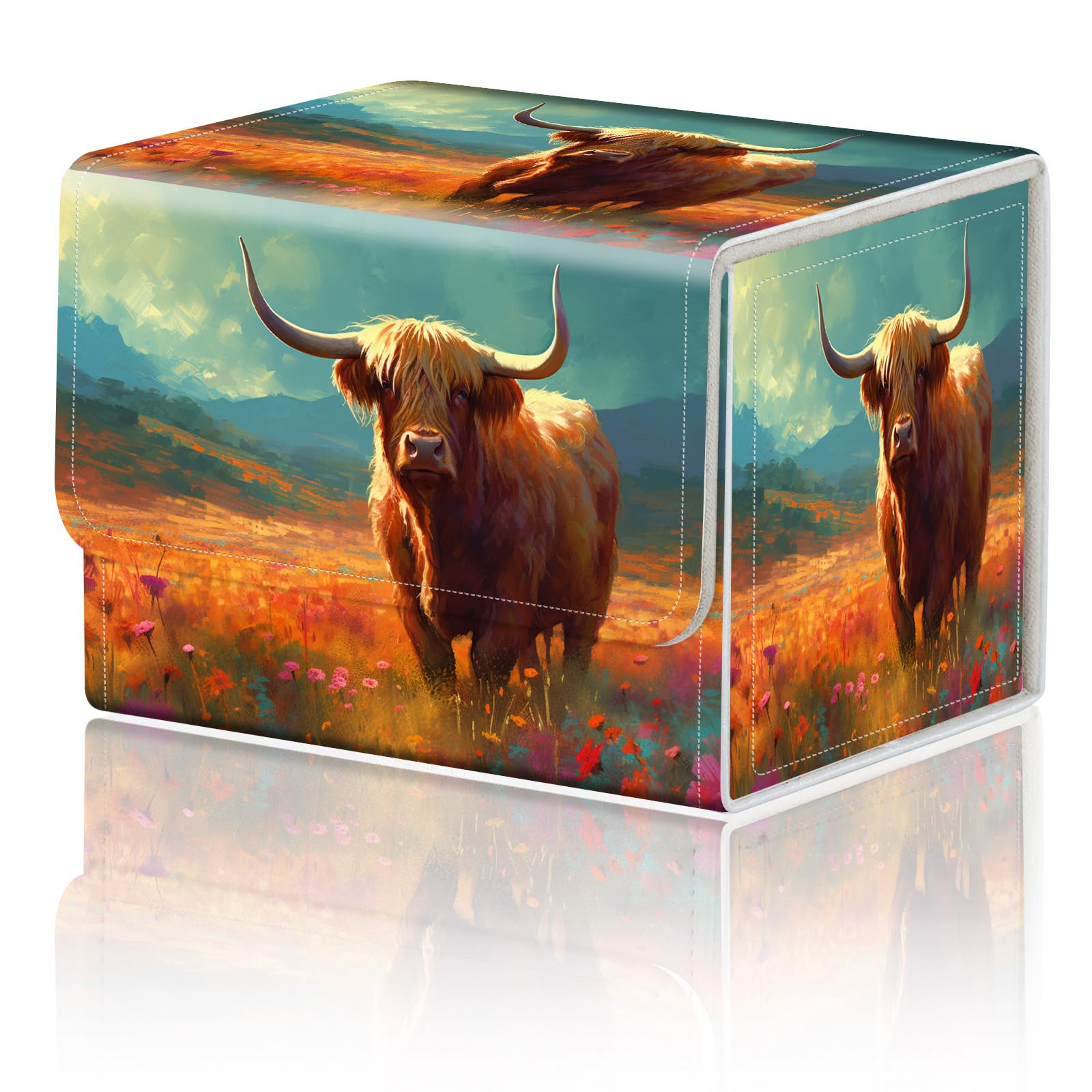 Card Game Storage Box TCG Deck Box MTG Card Box Organizer Trading Card Case Commander Deck Box TCG Card Storage Box Magnetic Closure Creative Pattern Up to 200 Cards  A Highland Cow With Flowers