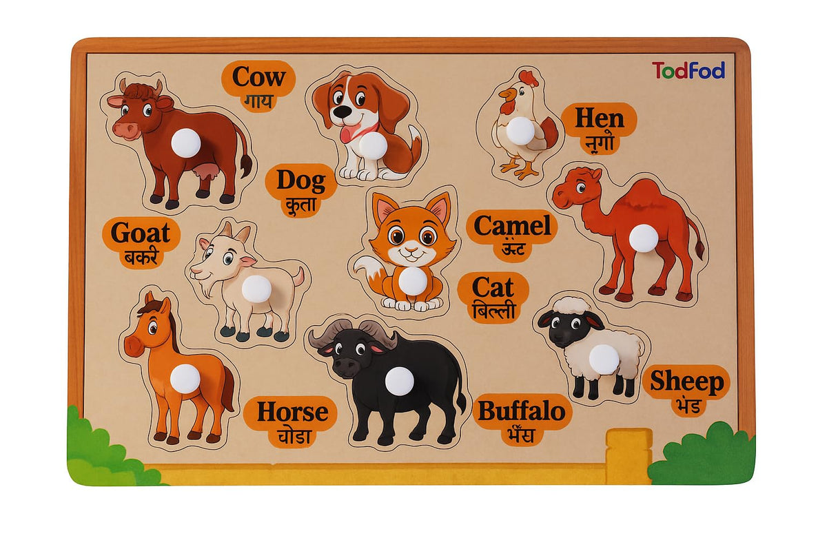 Wooden Peg Puzzle Board  Pet Animals Name Learning Toy | Bilingual (EnglishHindi) | Fine Motor & Cognitive Skill Builder for K