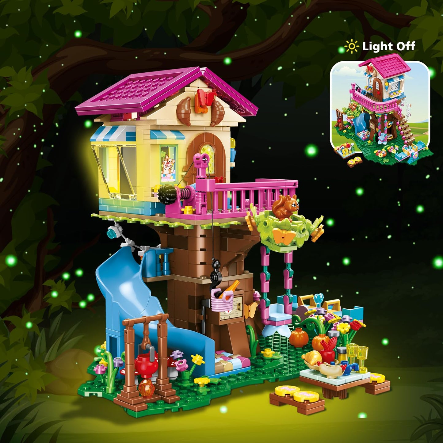 HOGOKIDS Tree House Building Set - 622pcs LED Light Blocks, Pink, HG-301155, Fun Forest Up House Kit for Kids Ages 6-12+
