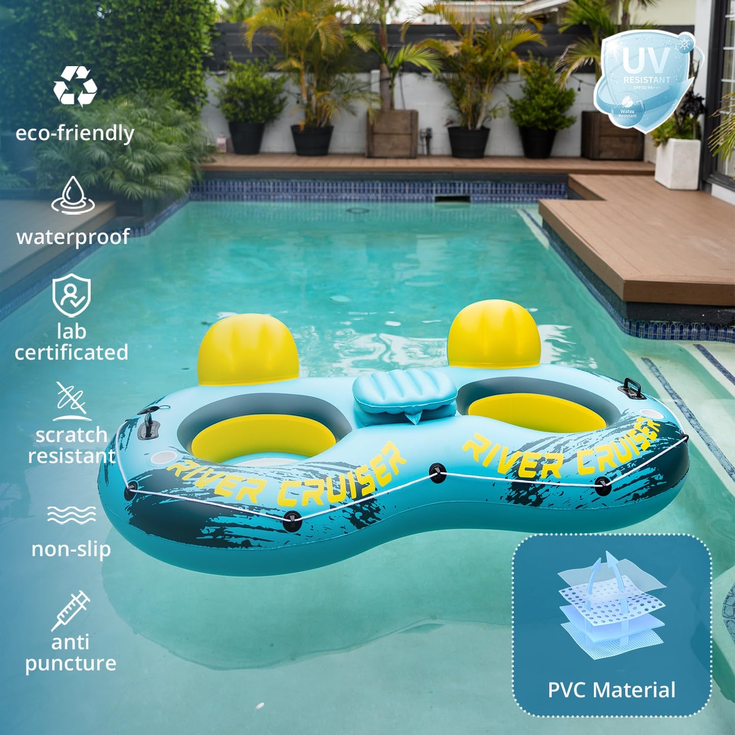 Sunrio 2025 New & Upgrade 2 Person Double River Tubes for Floating Heavy Duty Inflatable Floating Lounger enhanced Water Rafts Pool Float Above Lake and River for mature-themeds (Green-Yellow)