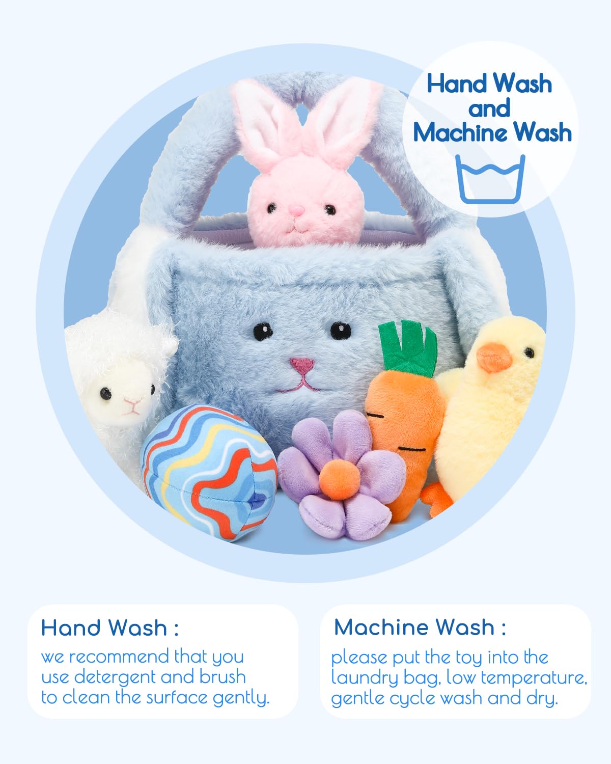 7 Piece Plush Stuffed Animals Playset Toys With Rabbit, Chick, Lamb, Carrot, Egg, Flower, Furry Bag, Soft Basket Set Toys For Gi