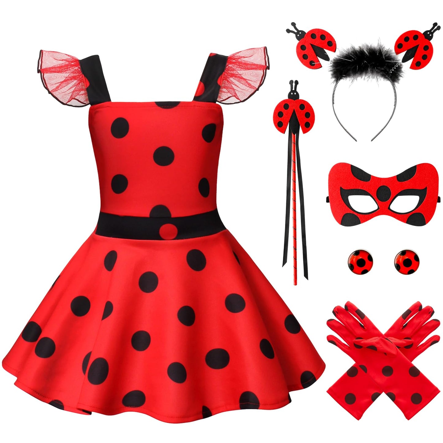 Girls Costume Polka Dots Dress Up Carnival Costume Birthday Outfit Christmas Party Cosplay Mask Gloves Headdress For Kids 110