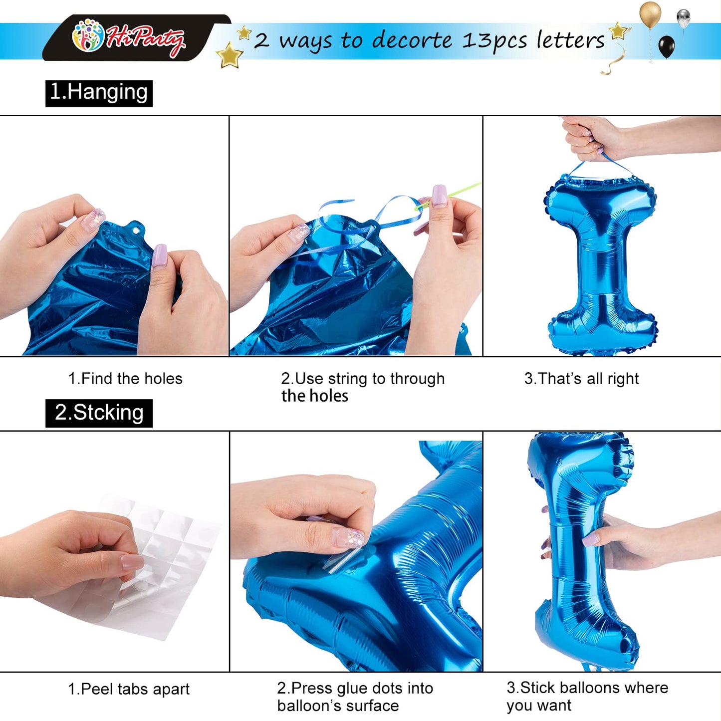 Hiparty 23Pcs Birthday Balloons Banner, 3D Blue Premium Mylar Foil Ecofriendly Letter Happy Birthday Banner With 5Pcs Star Ballo