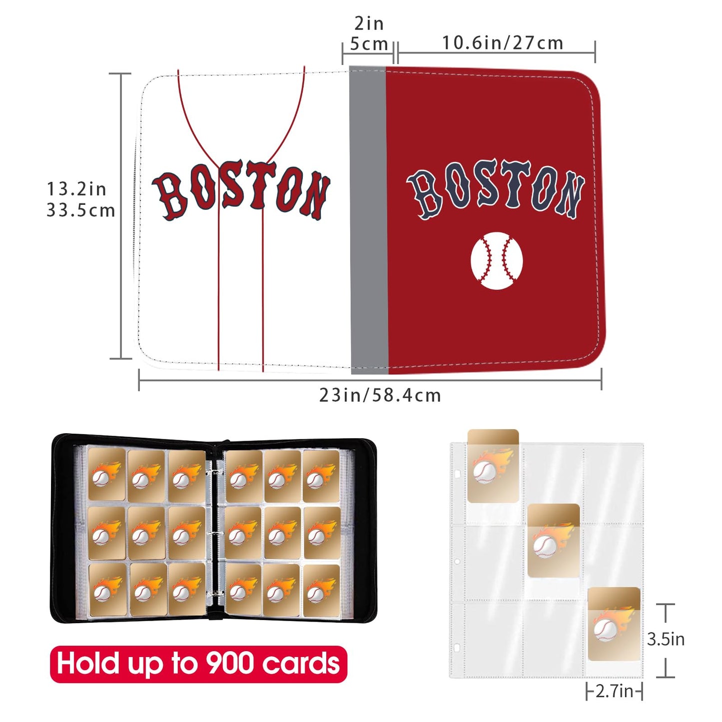 Baseball Card Binder With Sleeves 900 Pocket, Boston Baseball Trading Card Holder Baseball Collector Album Sports Trading Card 3