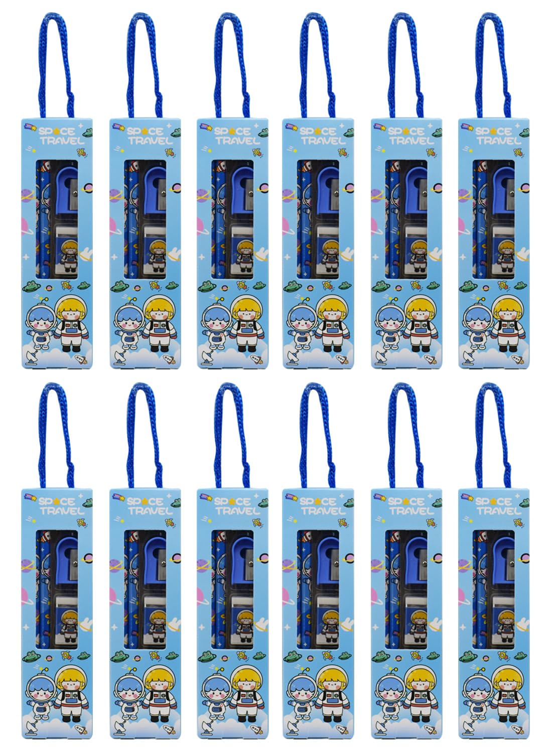 Asera 12 Pcs Outer Space Astronaut Design Cartoon Stationery Gift Pack For Kids Birthday Return Theme Party, Blue