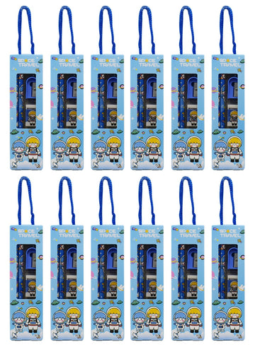 Asera 12 Pcs Outer Space Astronaut Design Cartoon Stationery Gift Pack For Kids Birthday Return Theme Party, Blue
