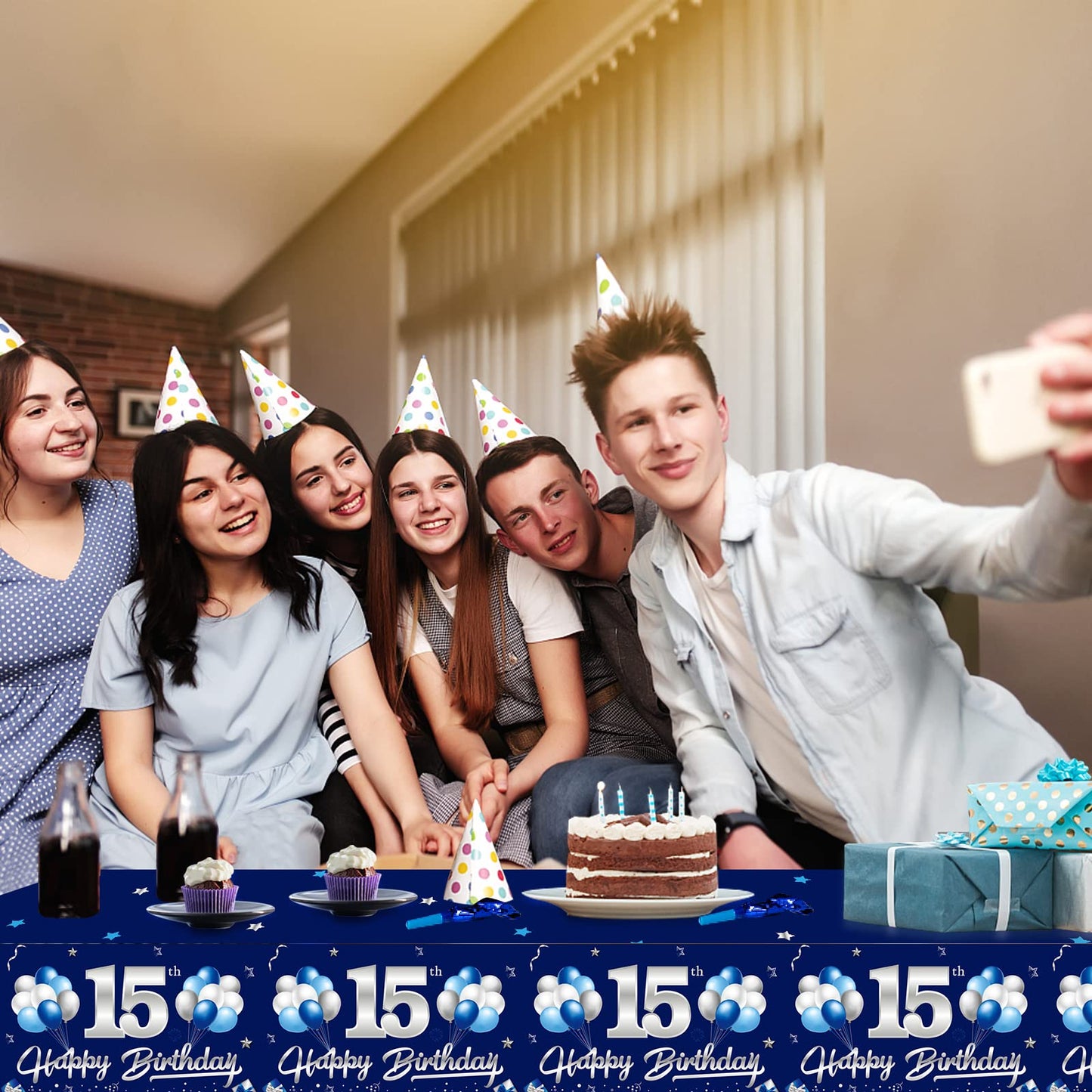 Turypaty 3 Pack Blue Silver 15Th Birthday Tablecloth Decoration For Boy, Navy Blue Happy 15 Table Cover Party Supplies, Fifteen