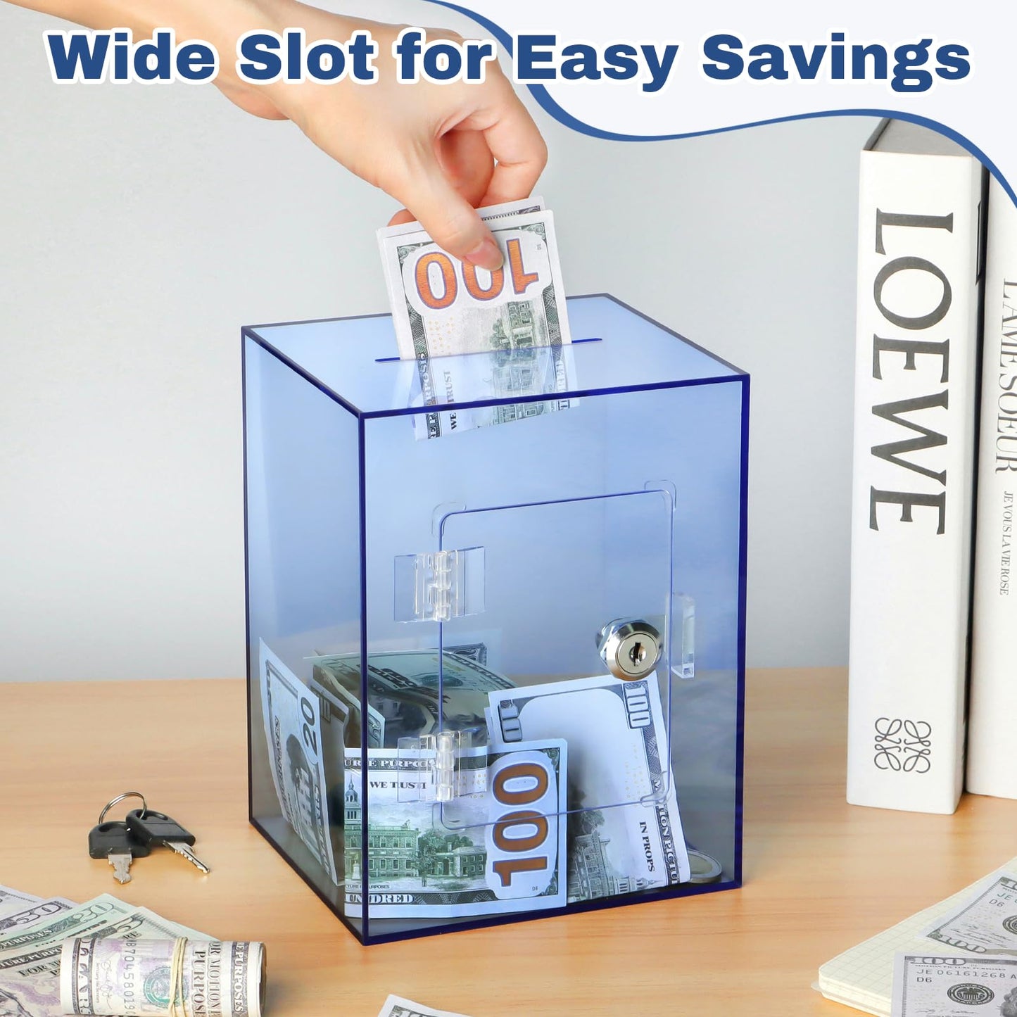 Imeepa Clear Acrylic Piggy Bank With Lock And Key For Kids Adults, Openable Money Saving Box For Cash Coins Real Money (Blue)