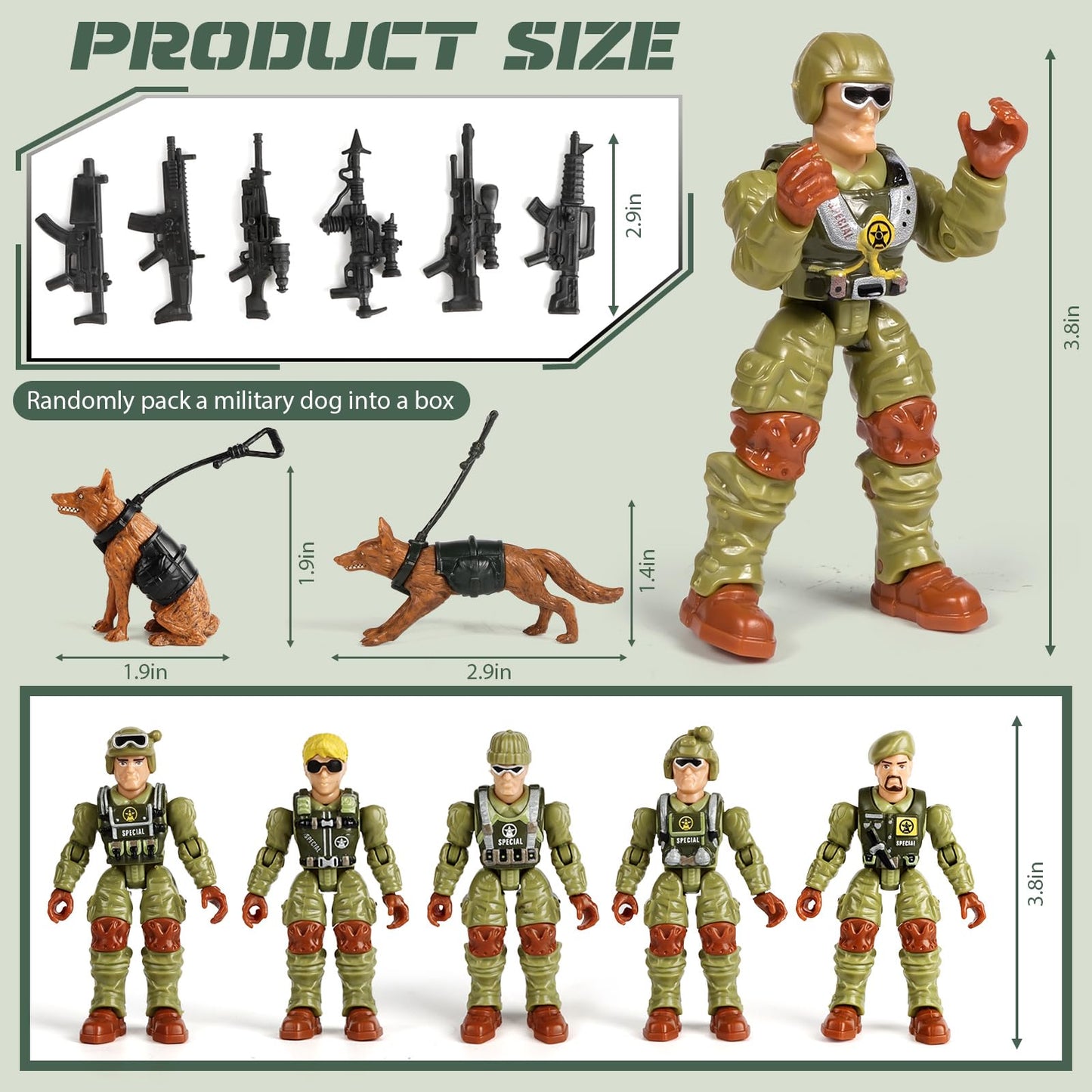 HAPTIME Army Men Action Figures with   Toy Soldiers for Boys  Plastic Army Toys for Boys 6-8  Birthday Gift for Military Collectors (6Pcs Green)