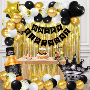 Msmancy Black And Gold Birthday Decorations For Women Men 53Pcs With Happy Birthday Banner Curtains Bottle Crown Heart Star Led