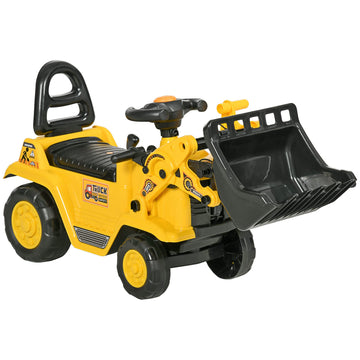 Homcom Ride On Excavator Pull Cart, Kids Bulldozer Ride On Truck With Horn, Under Seat Storage, Sit And Scoot Pretend Play Toy Construction Car For Ages 18-48 Months