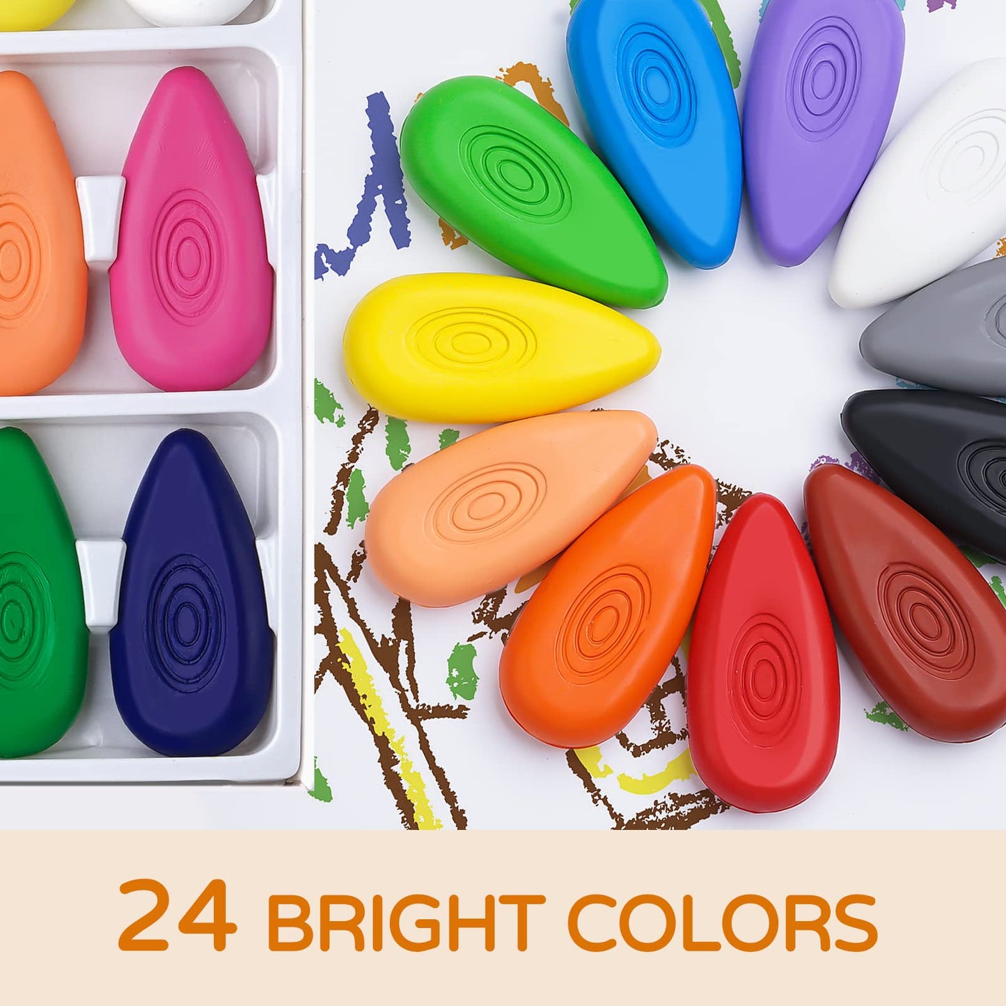 Four Candies Toddler Crayons, 24 Non-Toxic Washable Wax Crayons, Easy to Hold Water-Drop Shape, 24 Colors, Safe for Kids