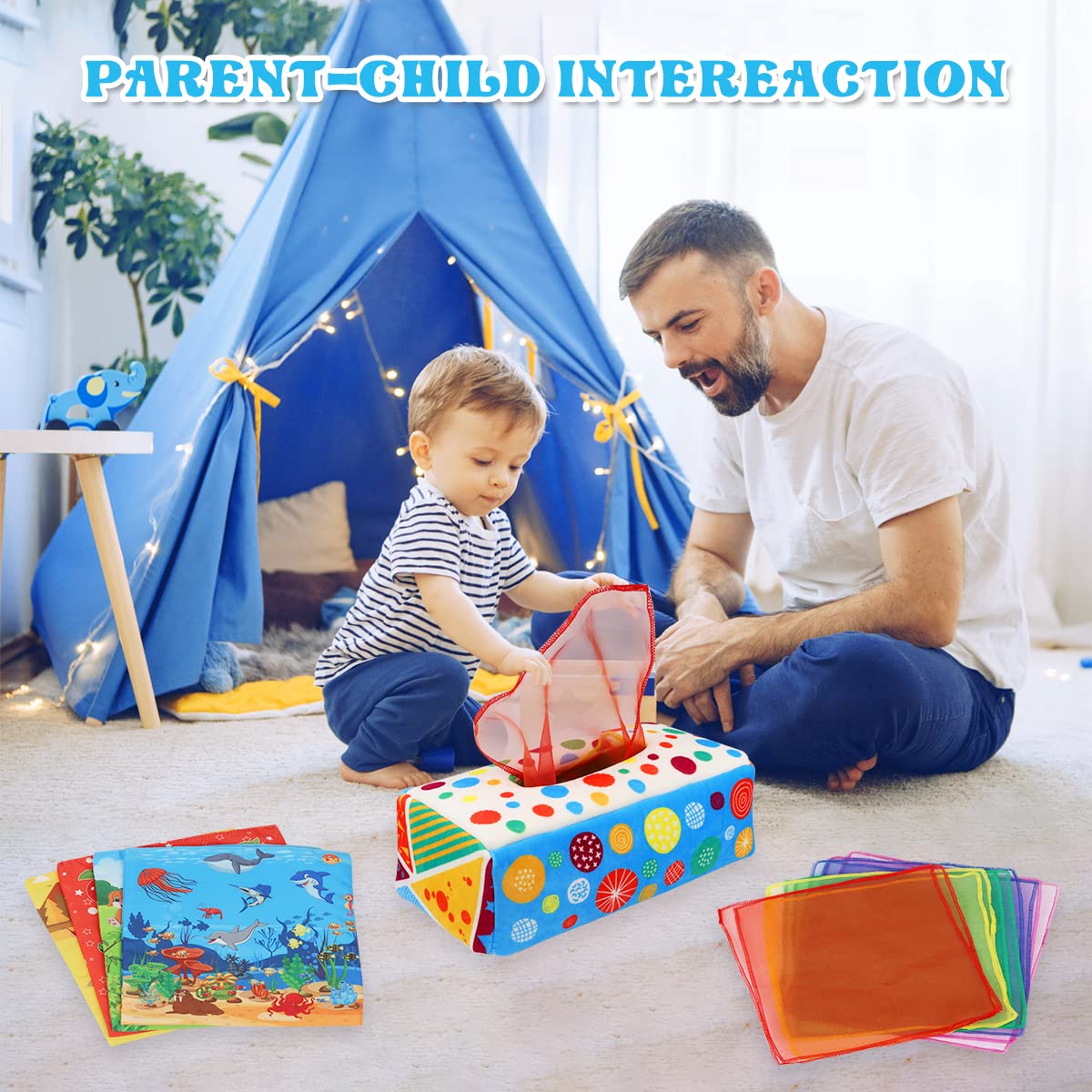 Aiduy Baby Tissue Box Toys - Soft Crinkle Montessori Infant Sensory Toy for 6-12 Months, Colorful, Medium, Ideal for Boys & Girls