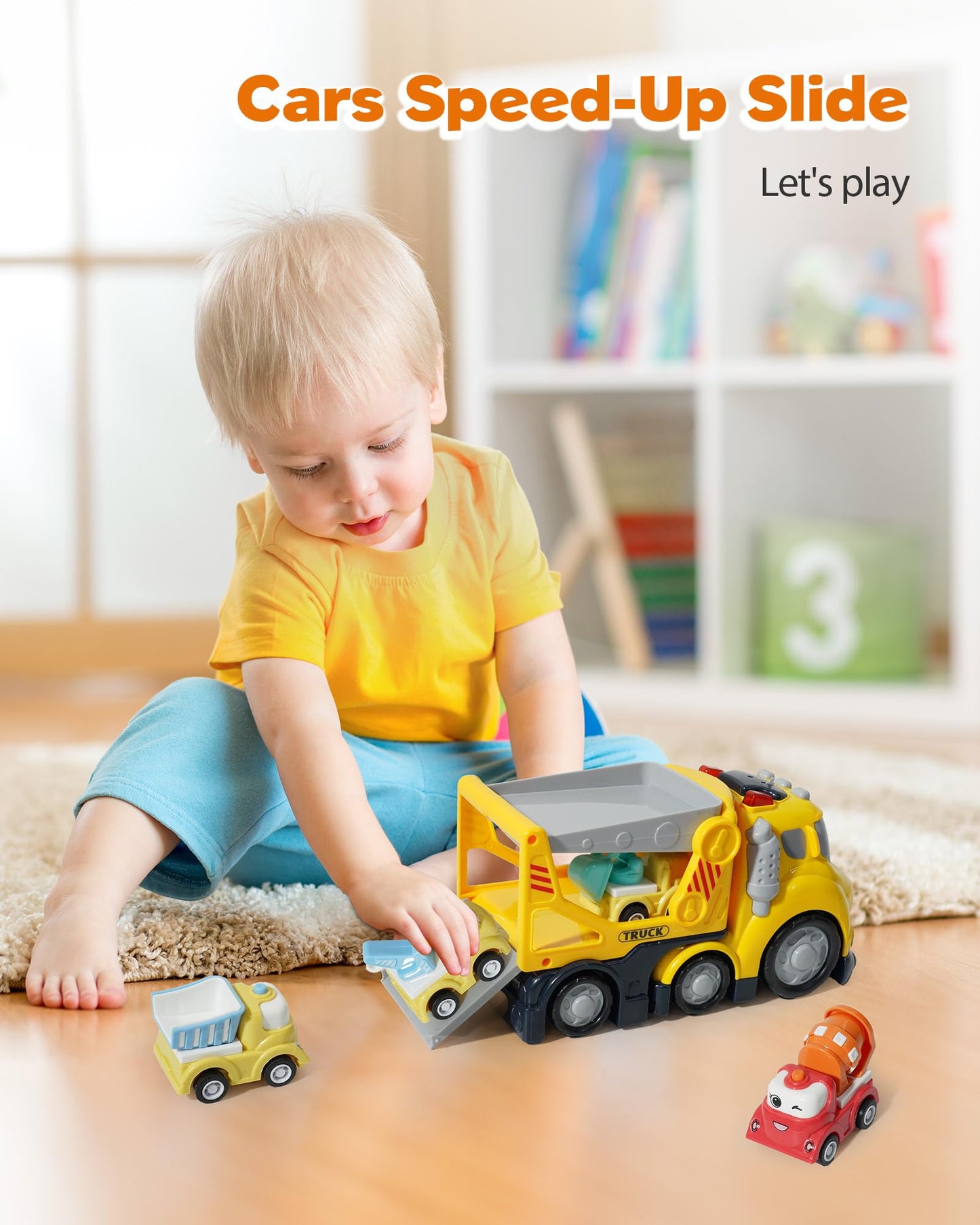 Construction Car Carrier Toys Set for 3 4 5 6 Years Old Toddlers Boys & Girls Gift, 4 Small Cartoon Cute Cars Trucks Crane Mixer