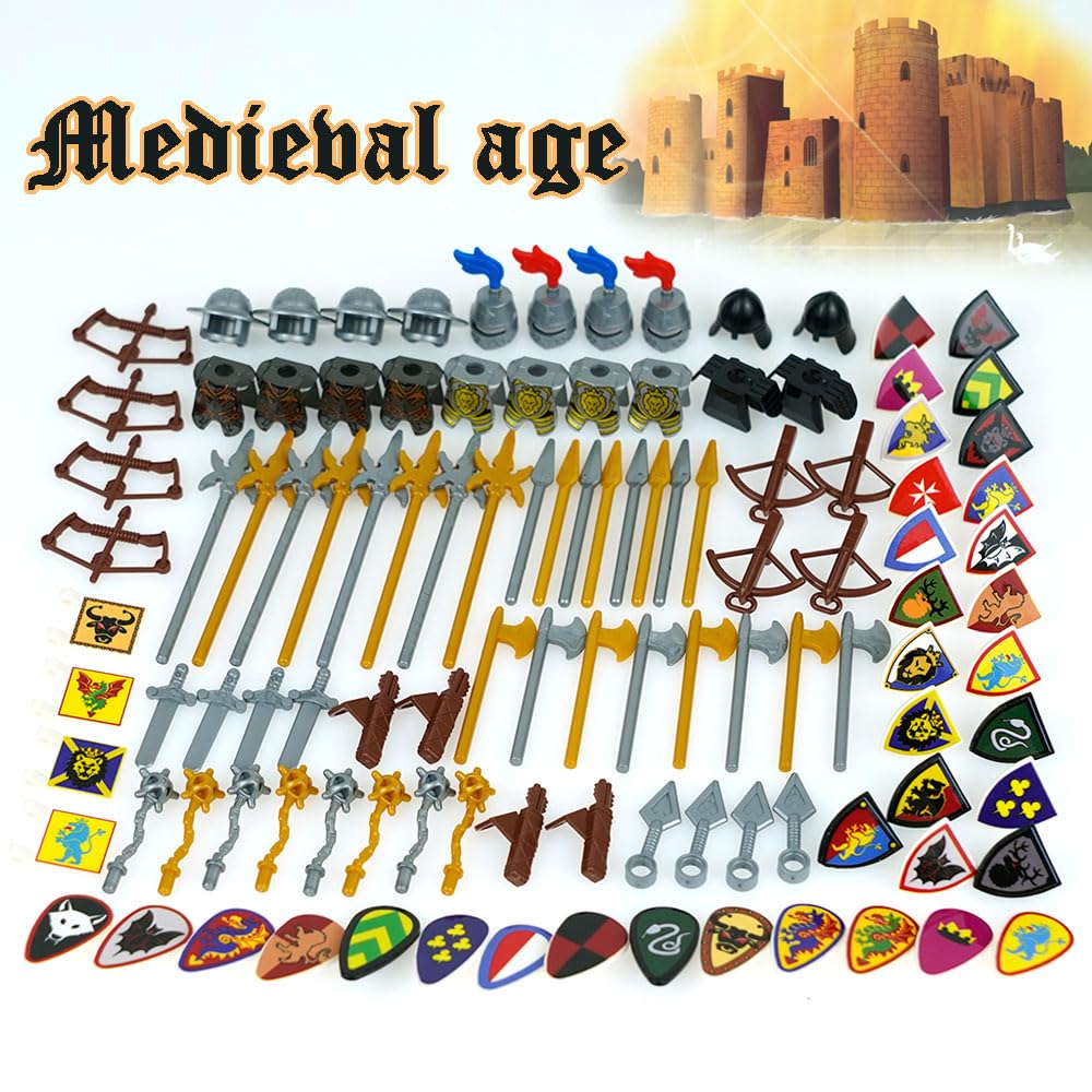 Pamvava Medieval Knights  protective covering Pack Building Blocks Accesories Kits  Helmet decorative replica blades Shield Bow Arrow Toys for Bricks Figures  Soldier Castle Equipment Bricks Sets for Kids