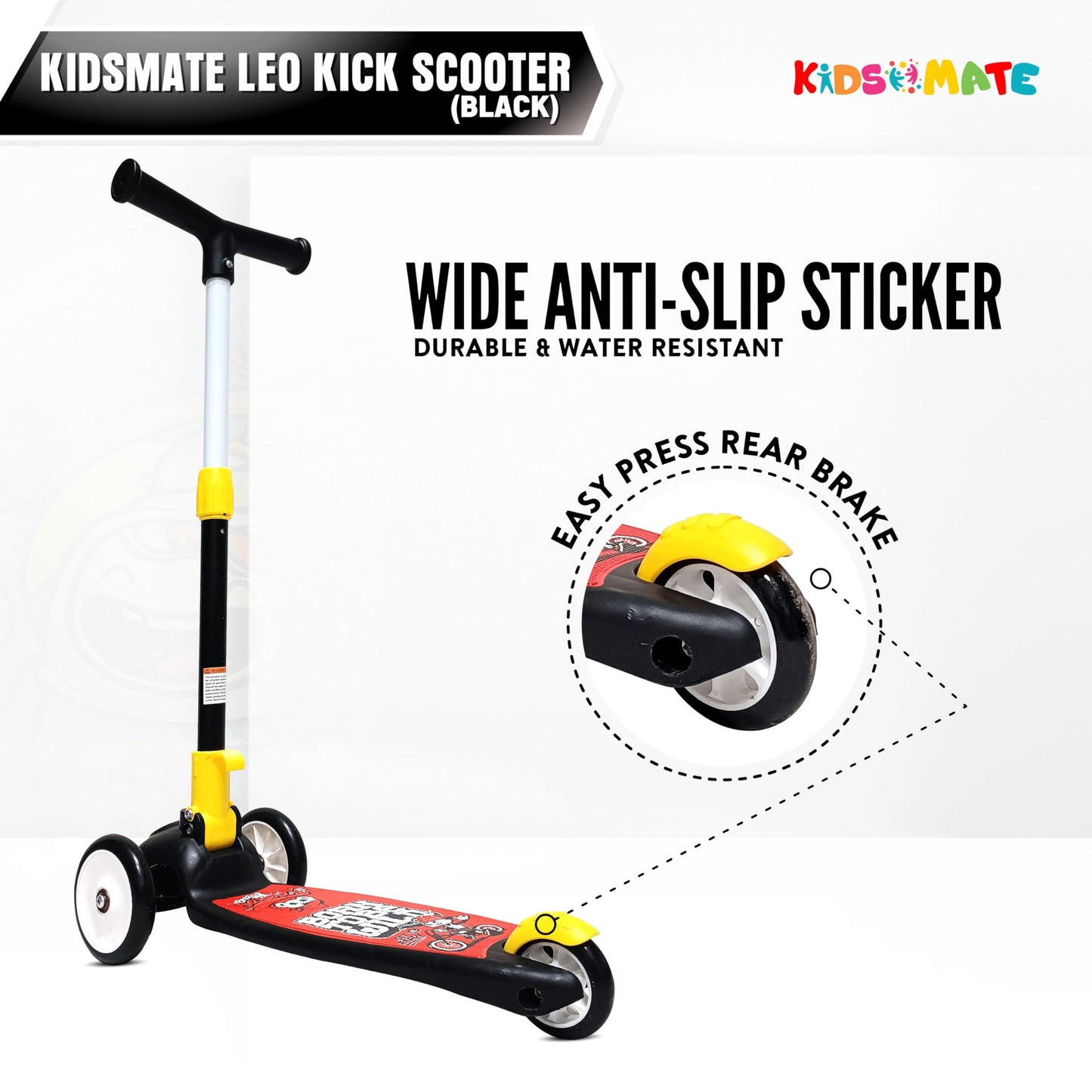 Kidsmate Leo Kick Scooter for Kids, 3 Adjustable Height Scooter, Foldable & Attractive PVC Wheels with Rare Brakes for Kids (Bla