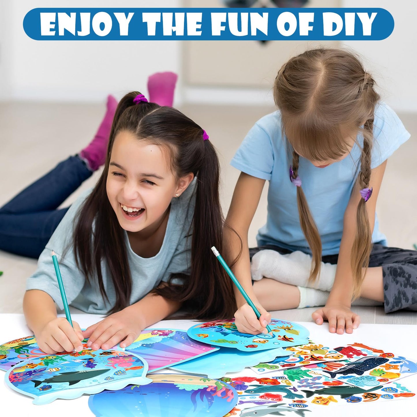 Frienda 48 Set Summer Craft Kit Fishbowl Under The Sea Sticker Crafts Bulk DIY Ocean Sea Animals Scene Stickers Shark Clown Fish