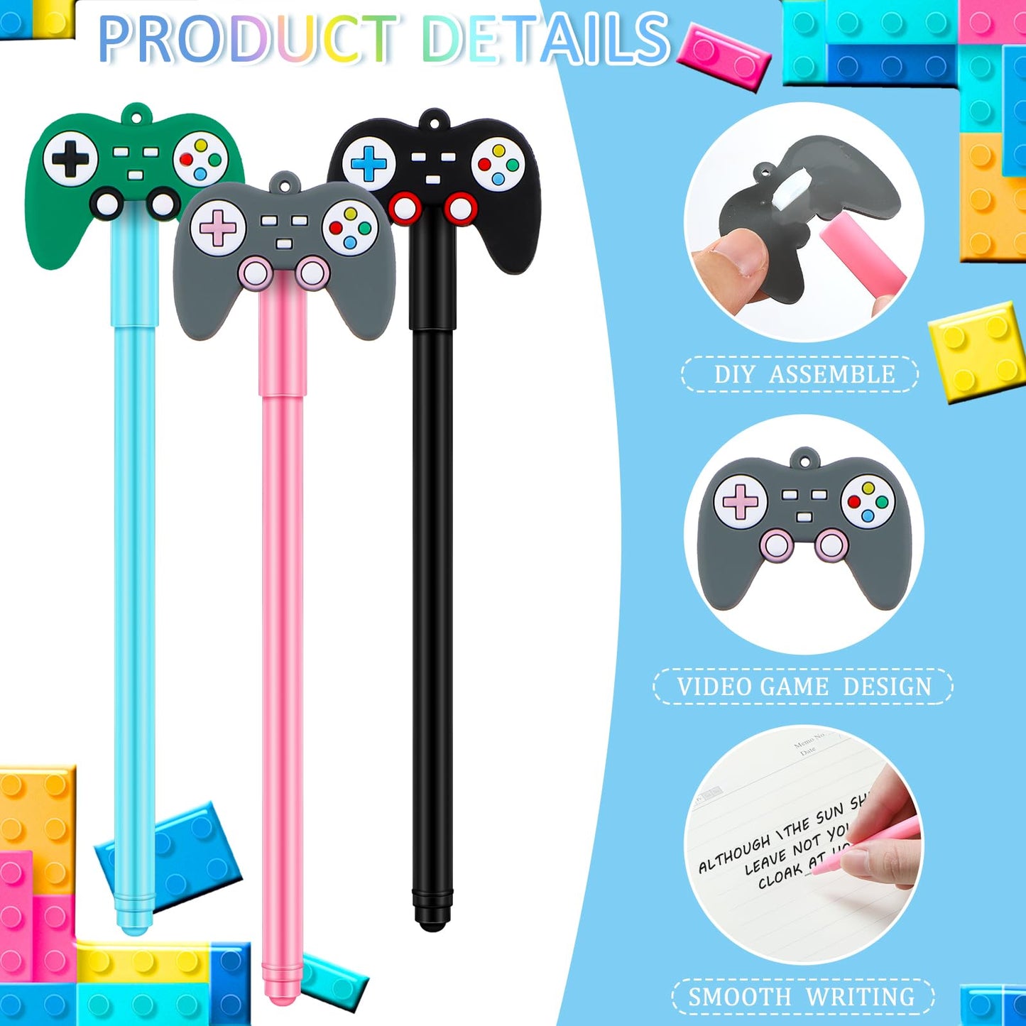 Tinlade 24 Pcs Video Game Pens Gamer Party Favors Video Gaming Themed Birthday Party Favor Gifts Controller Ink Kids Pens For Boys Classroom Prizes (Black,Green,Gray)