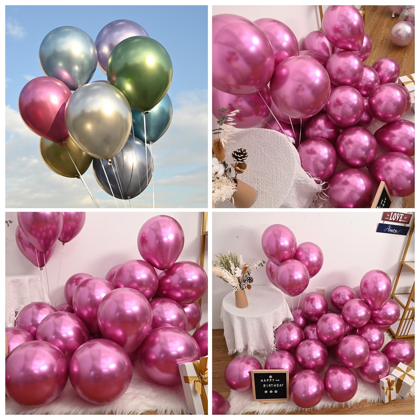 Jobkoo Hot Pink Metallic Balloons, 50Pcs 10Inch Chrome Pink Balloons Metallic Dark Pink Party Balloons Shiny Magenta Pink Chrome