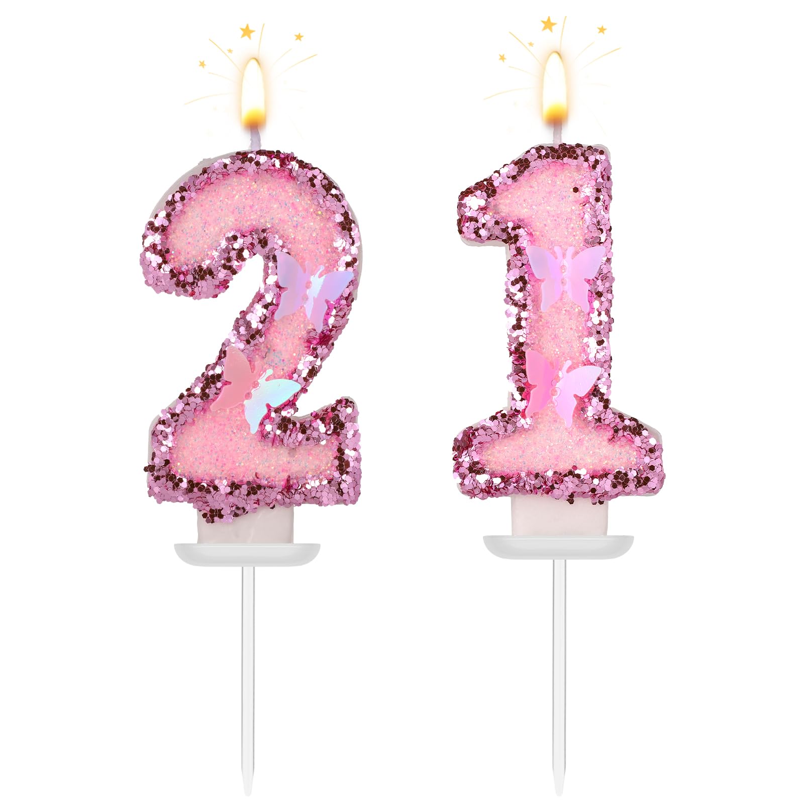 Girls Birthday Number 21 Candles, 2.95in Glitter Butterfly Happy Birthday Cake Toppers Pink Sequins Wedding Numeral Cupcake Deco