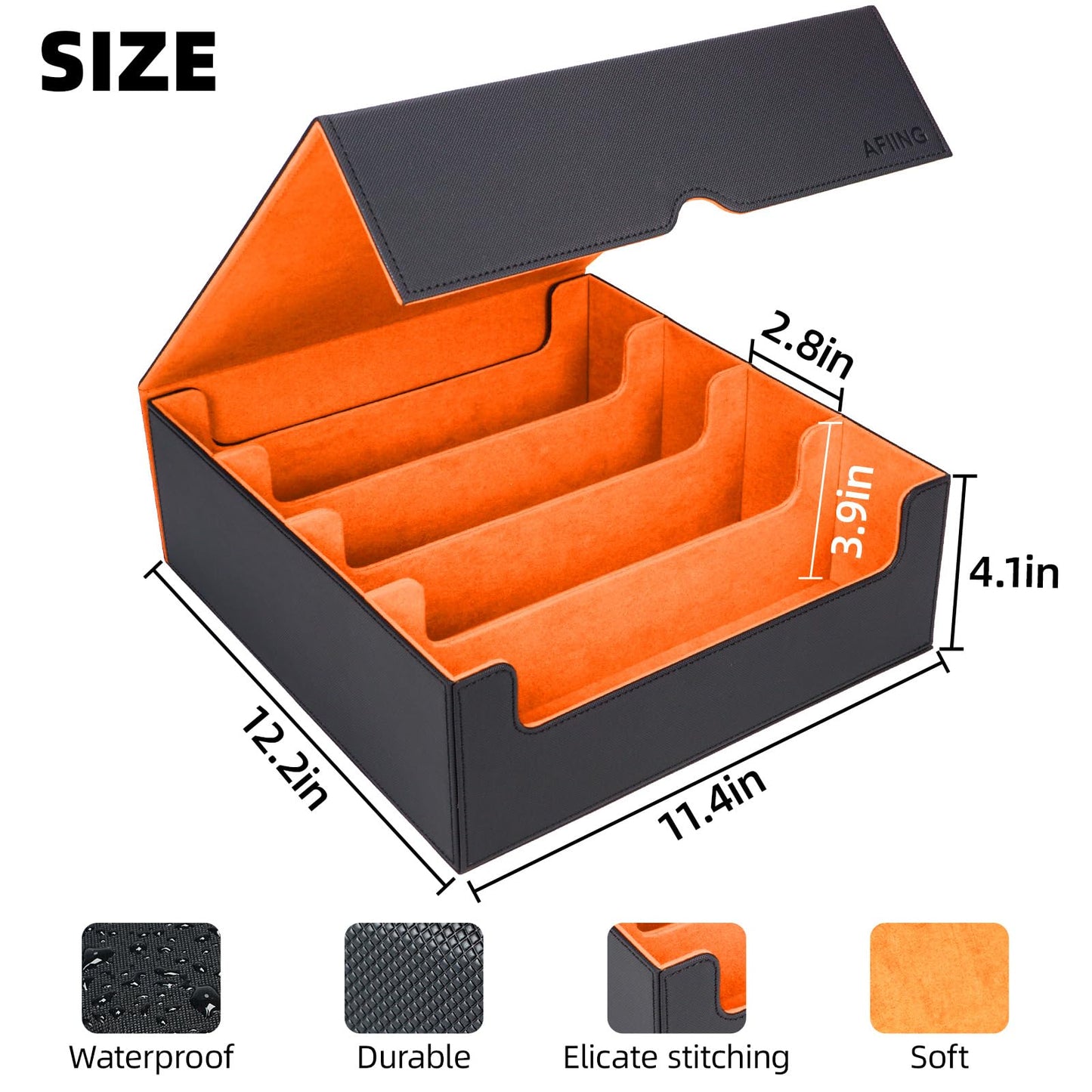 Afiing 4-Row Trading Card Storage Box - Holds 3200+ Cards, 48 Dividers & 4 Stoppers, Card Deck Box For Mtg Tcg Sports Cards - In