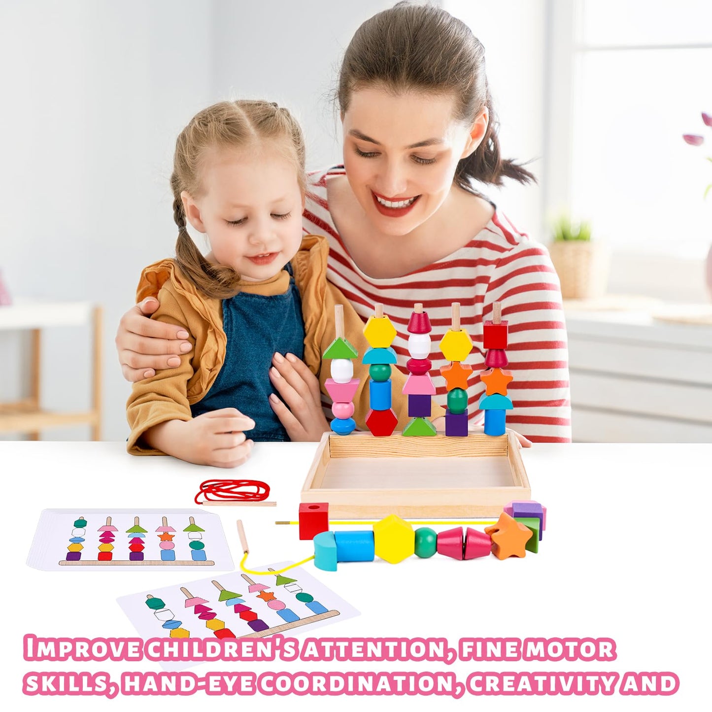 LovesTown Wooden Stacking Beads Toy - Montessori Educational Preschool Toy, Medium, Multi Color, Model HLT2686