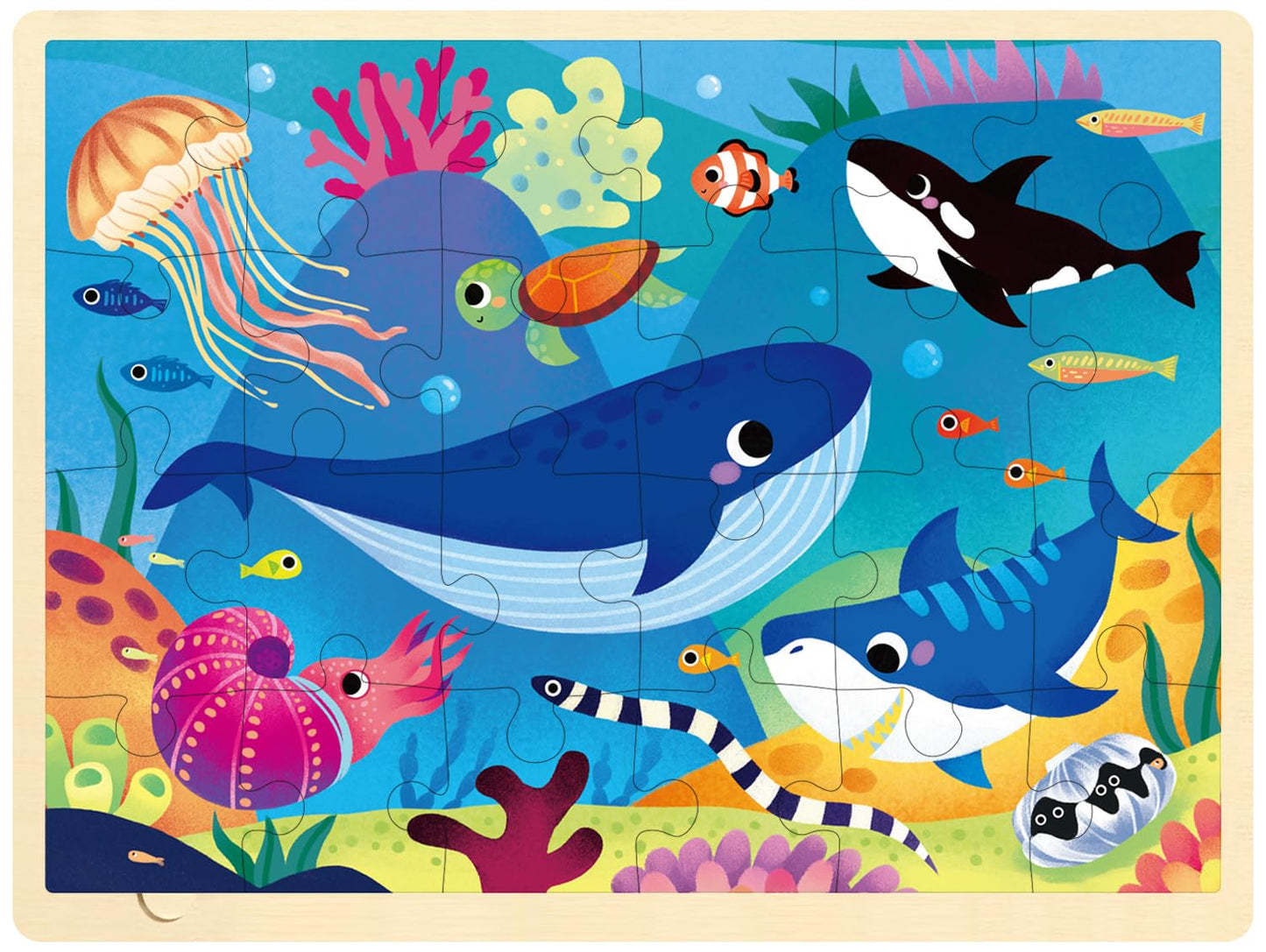 Moinkidz 24 Piece Puzzles For Kids Ages 3-5, Unique Shape Jigsaw Pieces Ocean Animal, Wooden Jigsaw Puzzle For 3 4 5 Year Old, Preschool Toddler Puzzle With Storage Tray