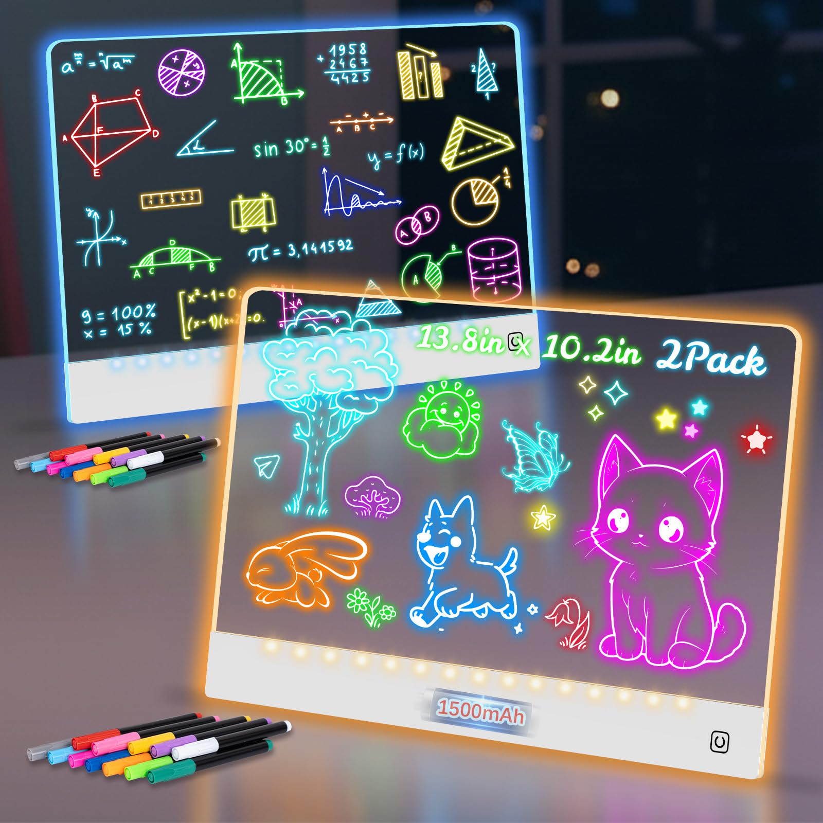 2Pack 16 Led Drawing Board for Kids Rechargeable, Portable Doodle Glow LED Note Board with 7 Colors, Light Up Acrylic Dry Erase 