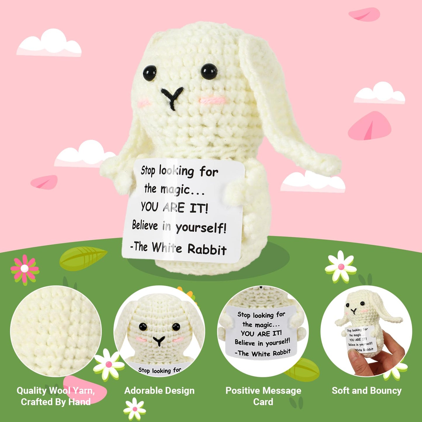 Juleasel Mini Funny Positive Bunny Emotional Crochet Animals Rabbit Knitted Doll With Positive Card For Friend Coworkers Encoura