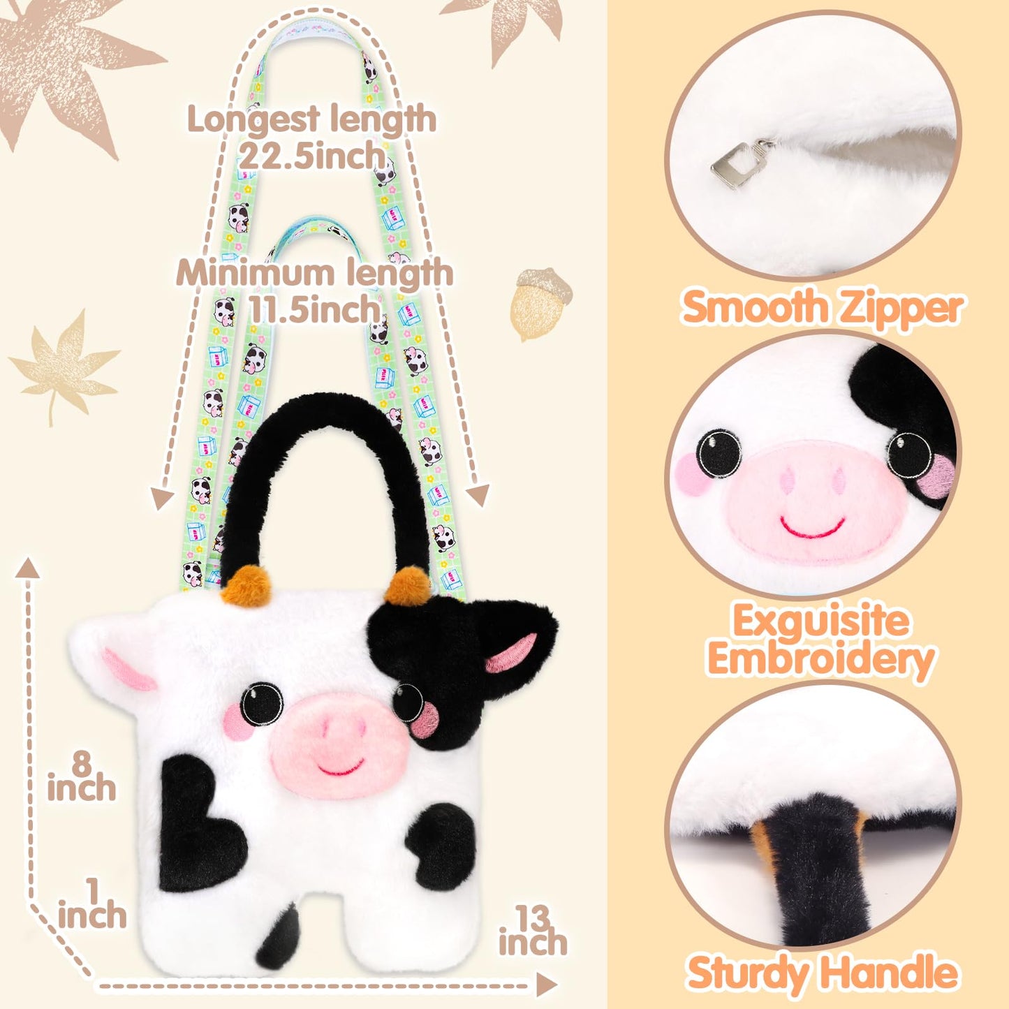 Catchcute Cow Plush Crossbody Bag For Kids, Handbag Tote With Adjustable Strap, Soft Stuffed Purse With Zipper, Coin Pouch Acces