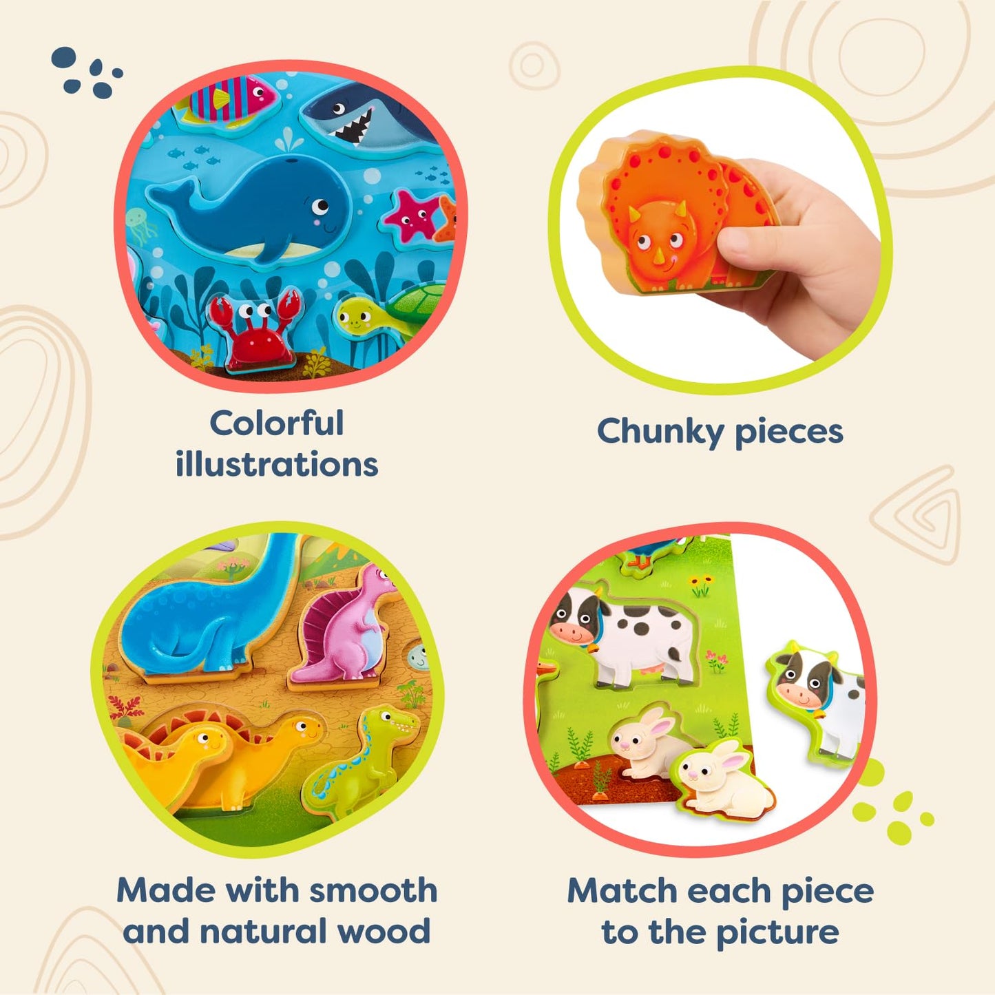 B. Toys- Peek & Explore 3-Pack - Farm, Sea, Dinos- Chunky Puzzle 3-Pack – Wooden Puzzles- 8 Pieces Each – 2 Years +