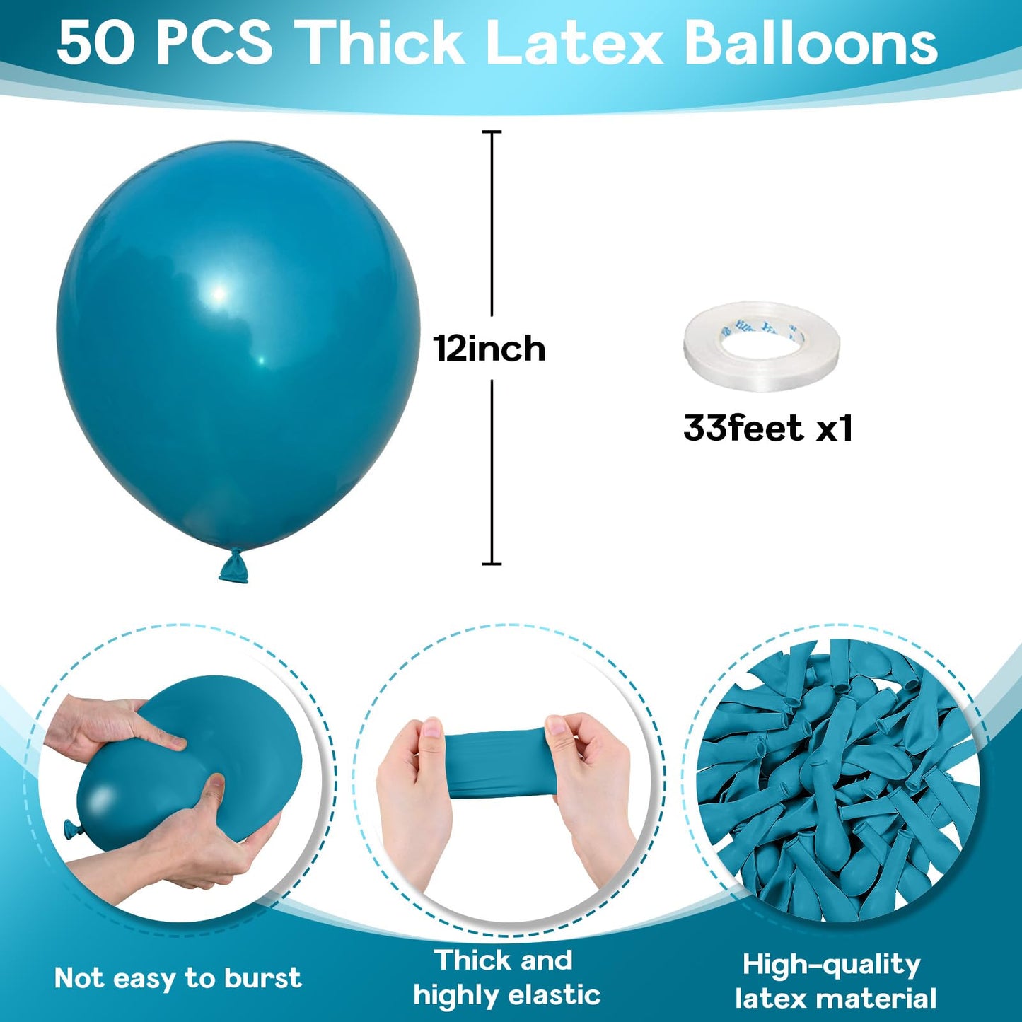 Jobkoo Peacock Blue Balloons 12 Inch, 50 Pcs Turquoise Blue Balloon Teal Blue Latex Balloons Matte Dark Teal Aqua Blue Helium Ba