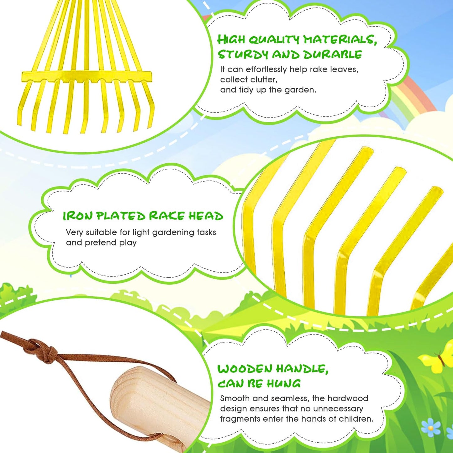 2Pcs Kids Rake Garden Tool Set Toy,Child Size Lawn Small Rakes and Garden for Leaves,Wooden Gardening Toy Rakes with Detachable