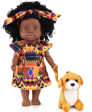 Gagaku Black Baby Doll,13 Inch Black Baby Dolls For 3 4 5 6 Years Old Girls With Curly Hair, Plush Pet Dogtoy,Small Baby Dolls F