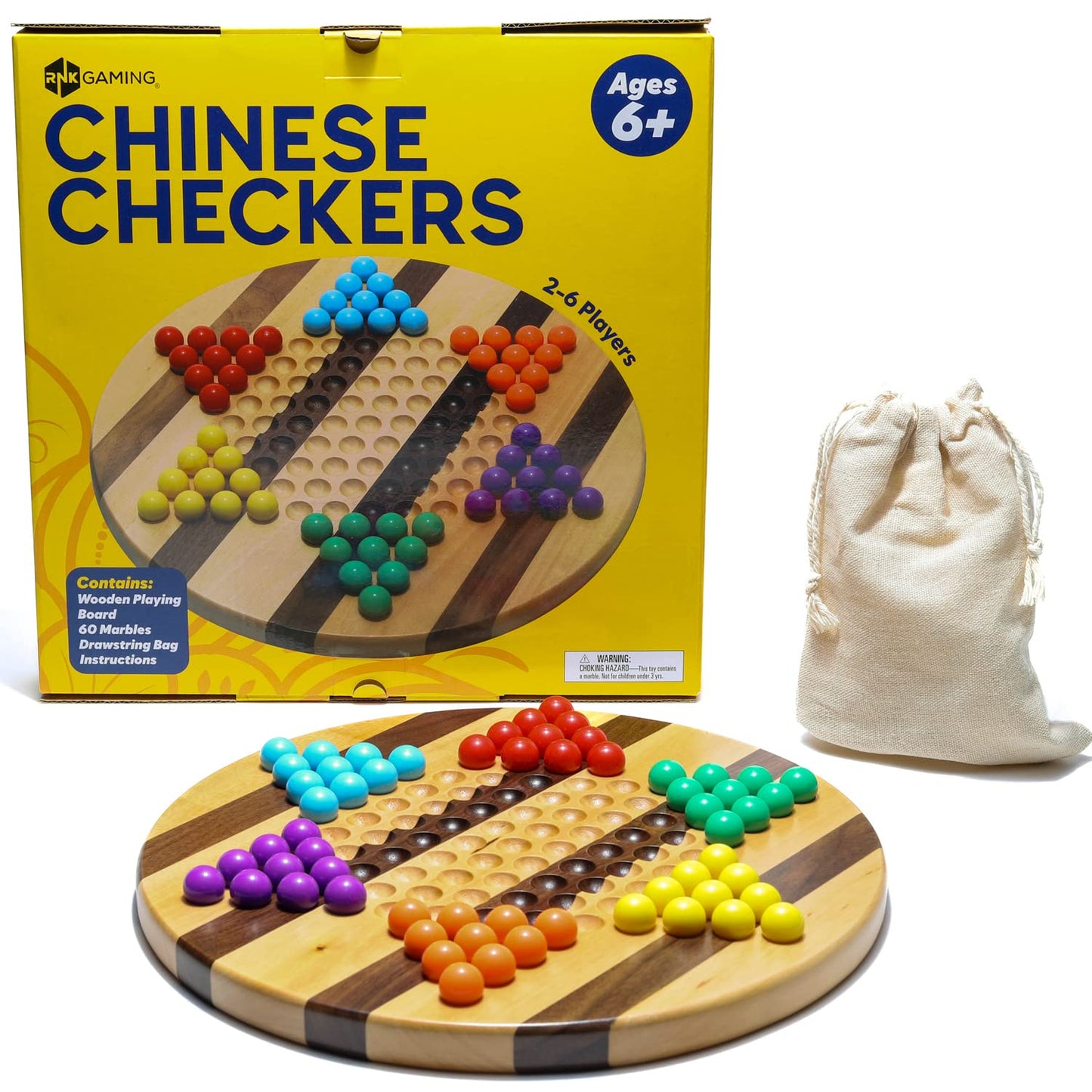 RNK Gaming Chinese Checkers 11.4 Inches Striped Wooden Board Game with Marbles for Kids and Adults