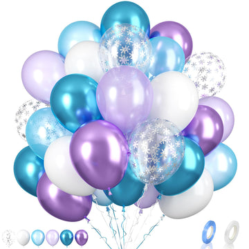 Biapian Frozen Balloons, 60 Pcs Blue Purple Balloons, 12 Inch Metallic Blue Purple Latex Balloons Silver Snowflake Confetti Ball