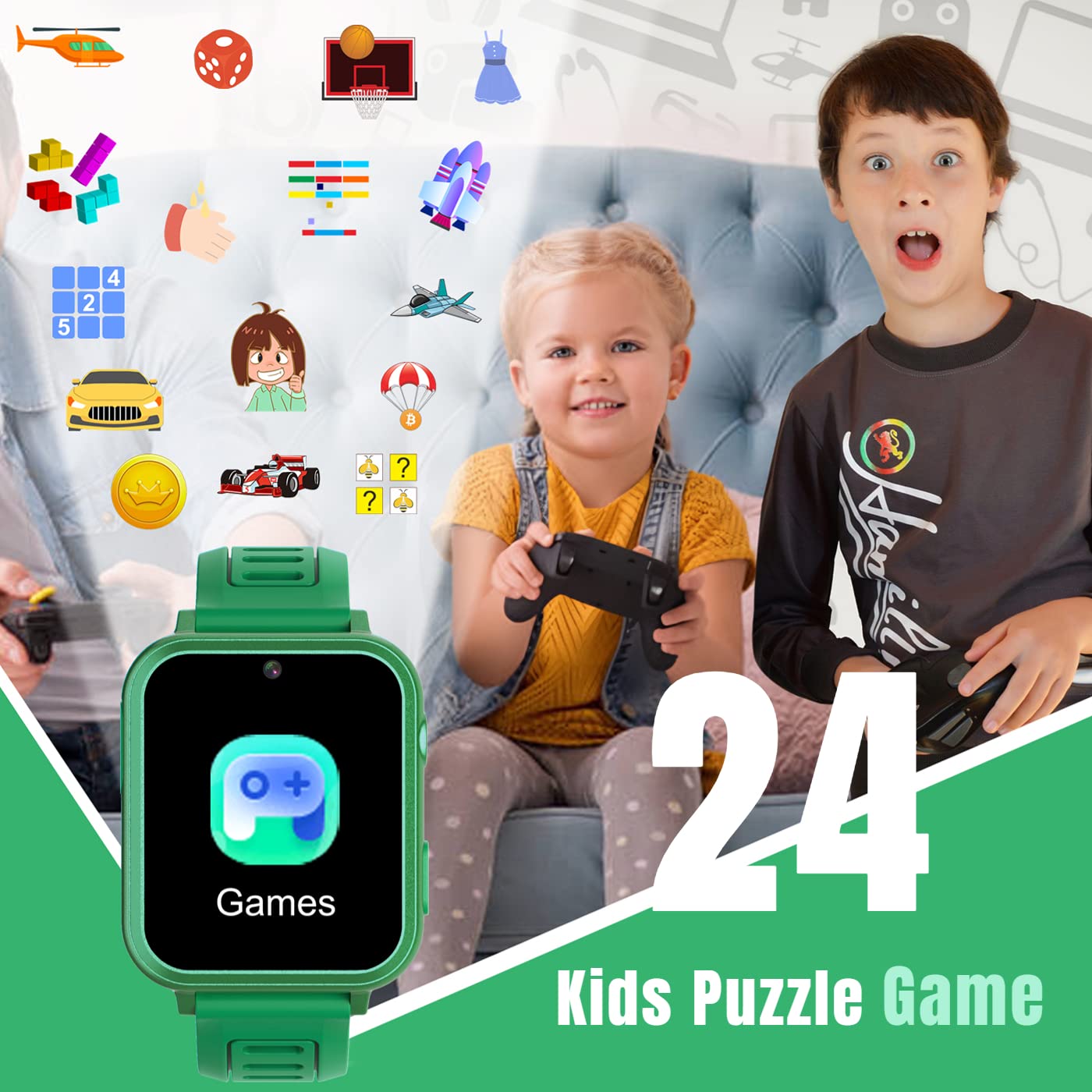 Kids Game Smart Watch Boys With 24 Puzzle Games Camera Video Player Pedometer Alarm Clock Calculator Flashlight 12/24 Hr Hd Touch Screen Kids Watches Toys For 7 8 9 10 11 12 Year Old Boys