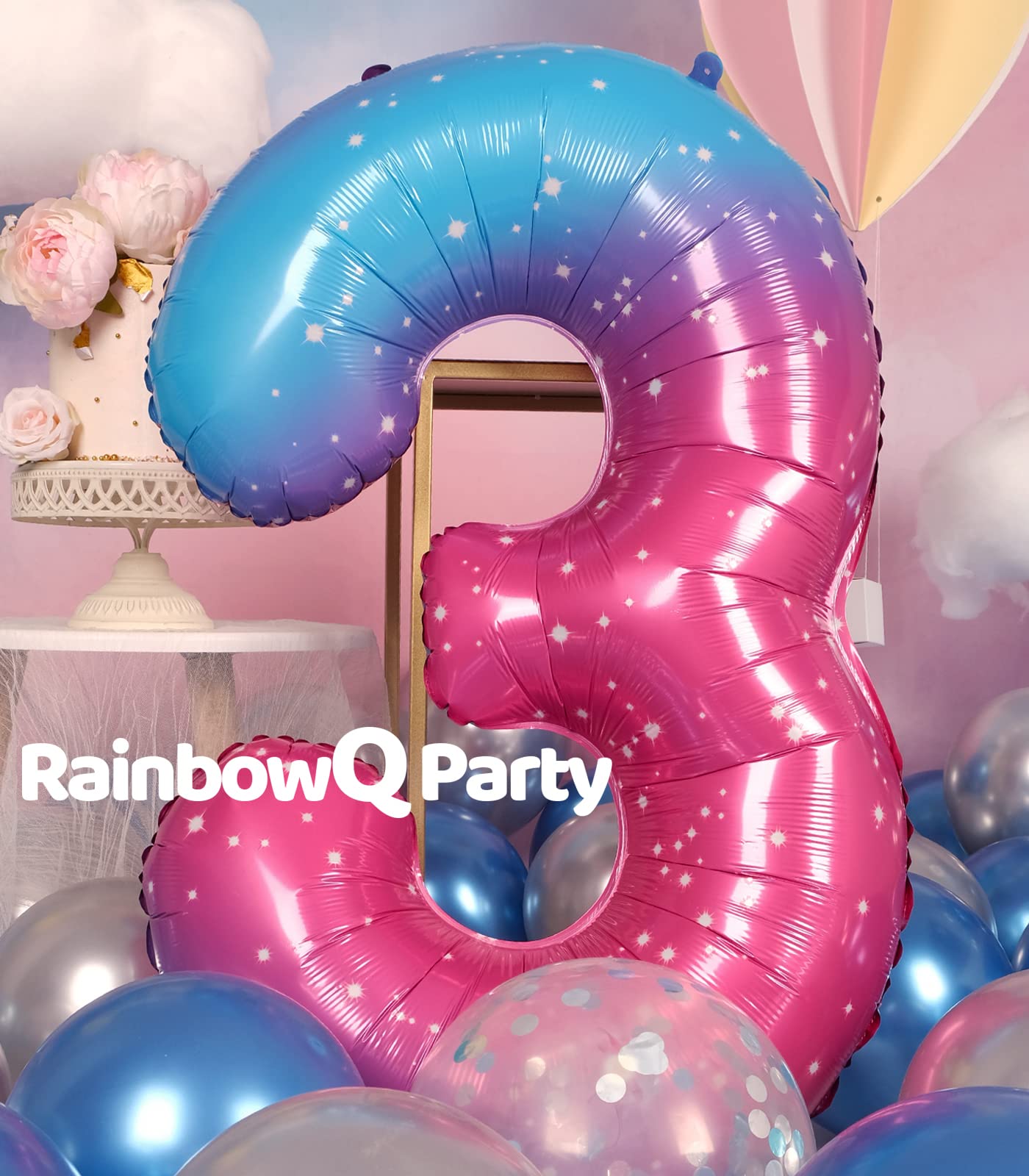Rainbowq Number 3 Balloon 40 Inch For Boy Or Girl Big Starry 0-9 Foil Mylar Large 3 Number Balloon Happy 3Rd Birthday Party Anni