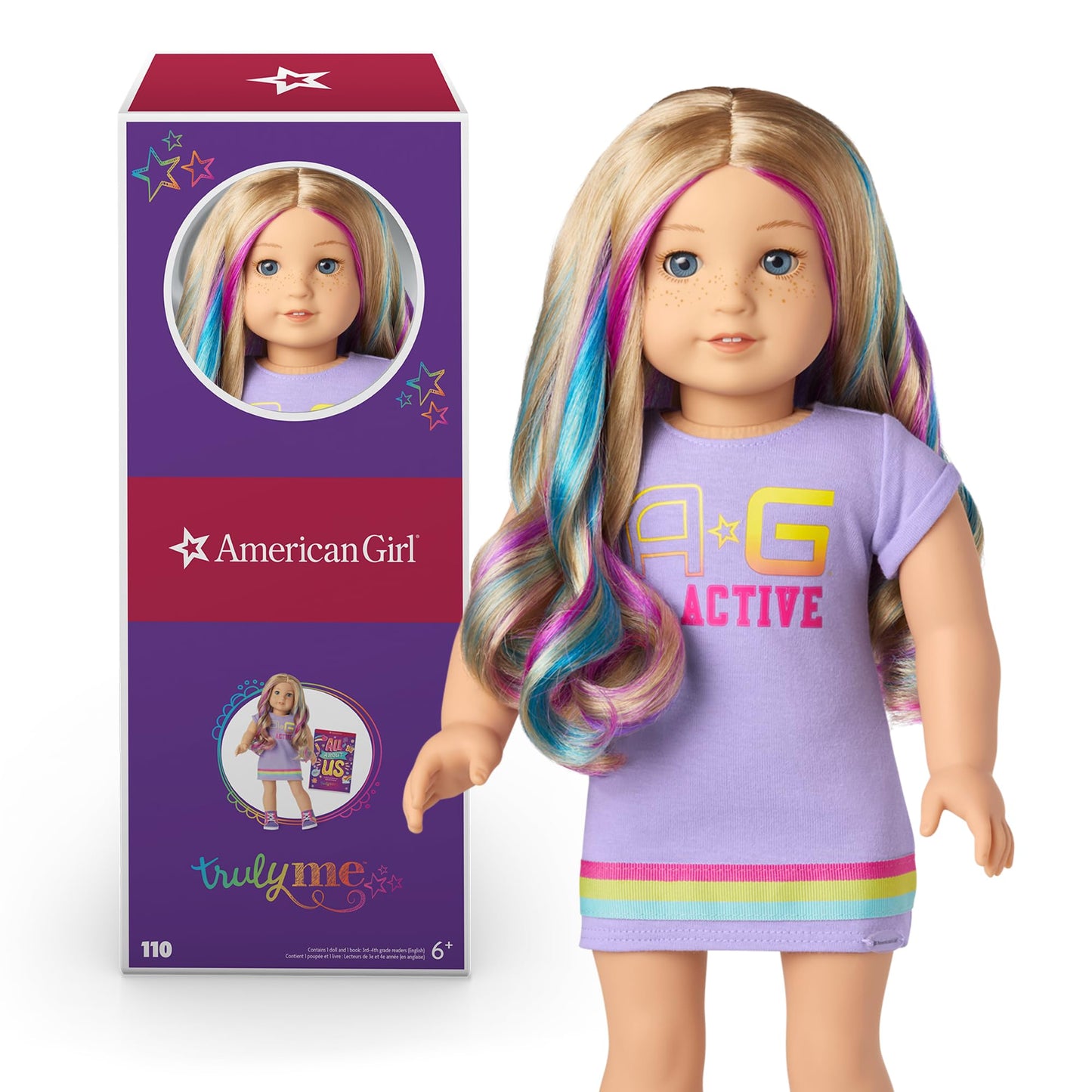 American Girl Truly Me 18-Inch Doll 110 With Light-Blue Eyes, Wavy Blonde Hair With Purple And Blue Highlights, Light Skin With Warm Olive Undertones, Purple Printed T-Shirt Dress